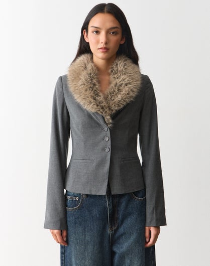 Removable Faux Fur Trim Blazer