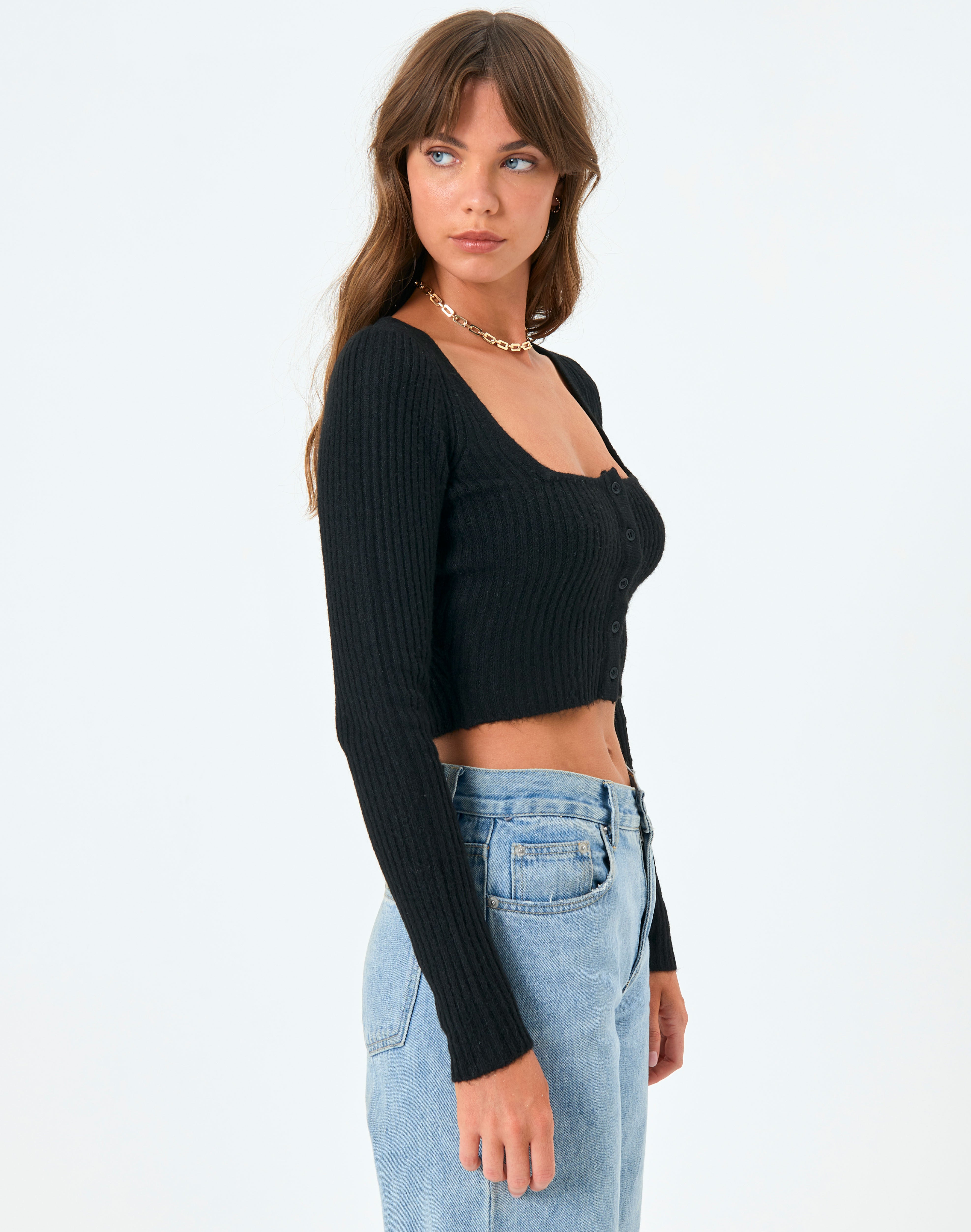 Square Neck Button Front Long Sleeve 