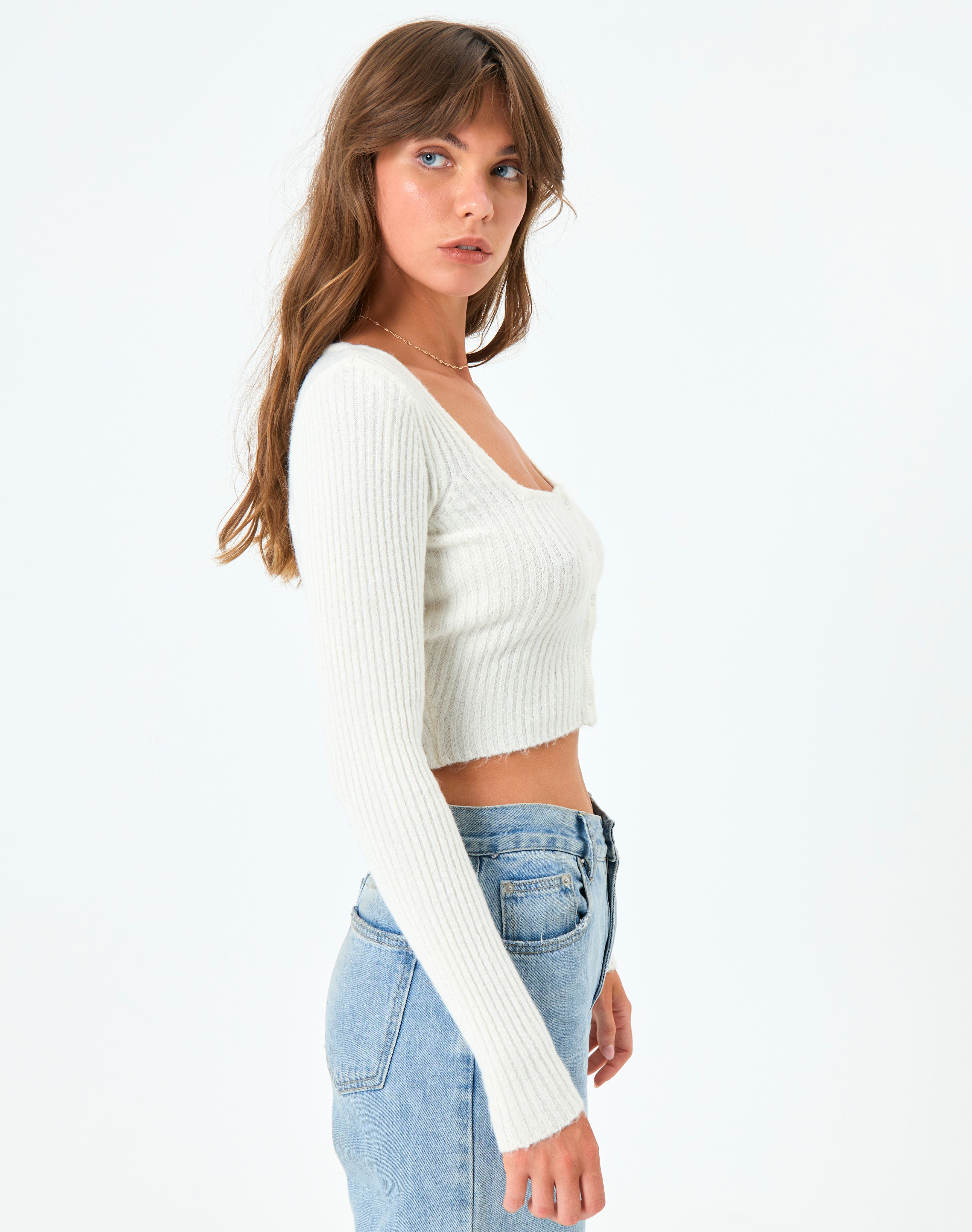 Square Neck Button Front Long Sleeve 