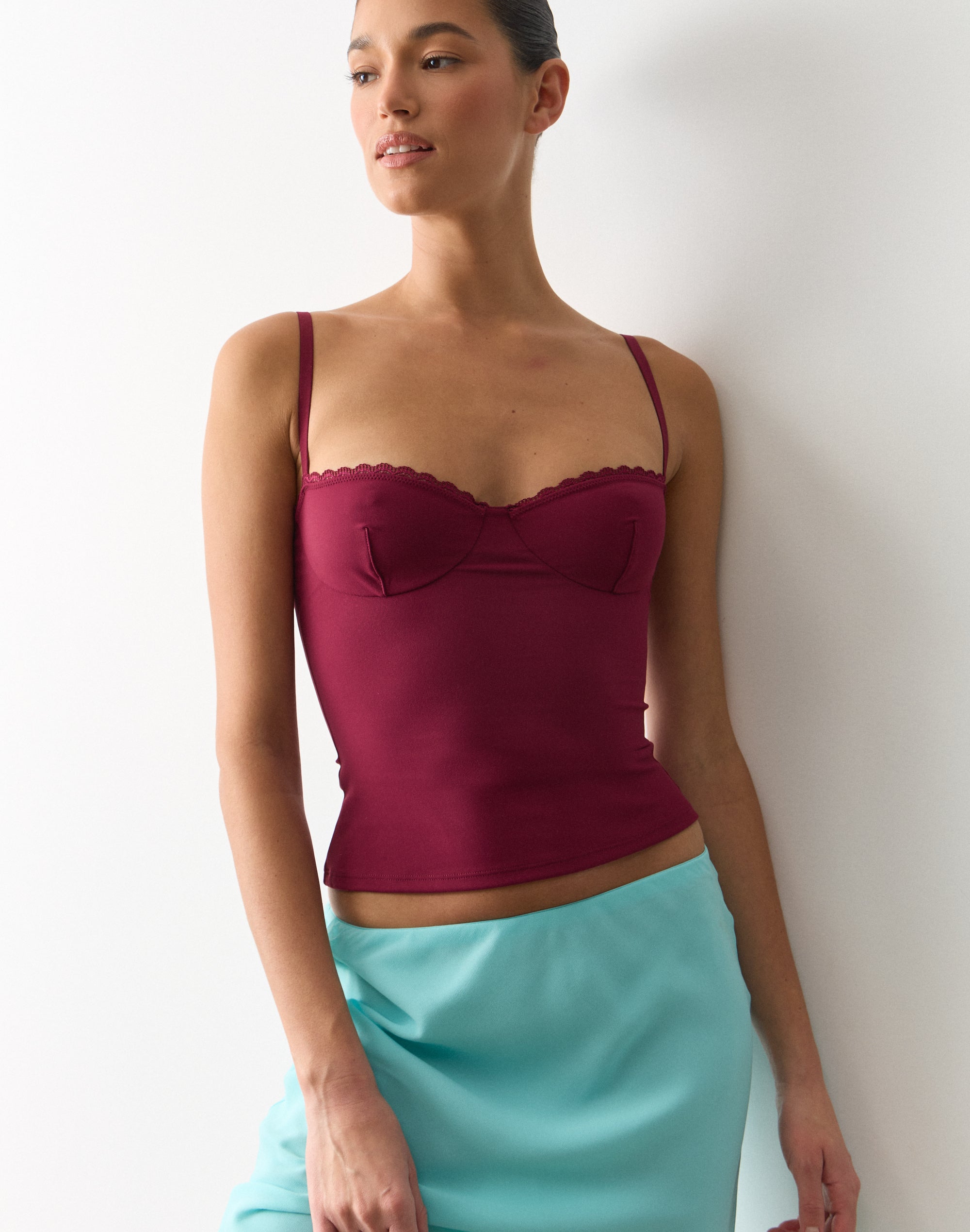 Lace Trim Sculpt Cami in Cab Sav | Glassons AU