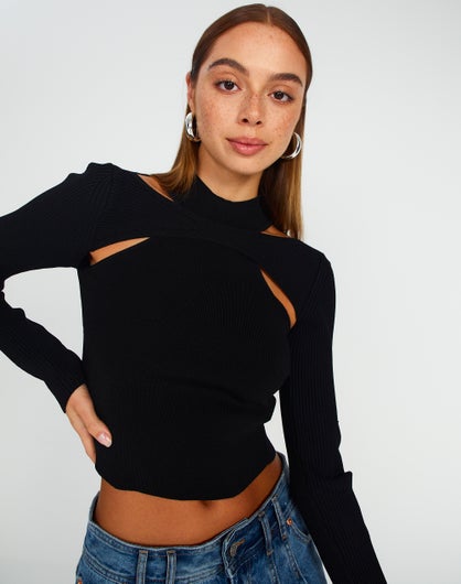 Cut Out Long Sleeve Racer Top in Black | Glassons