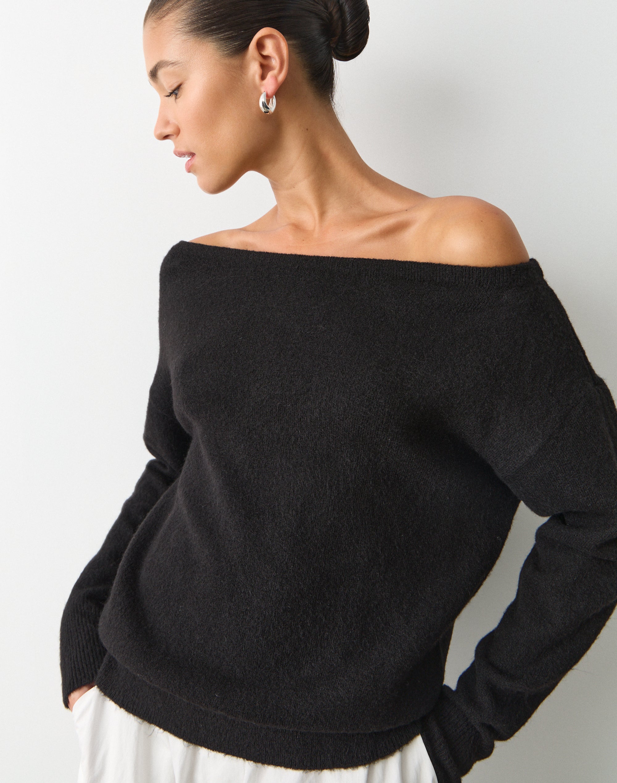Oversized Off Shoulder Knit Jumper in Black | Glassons US