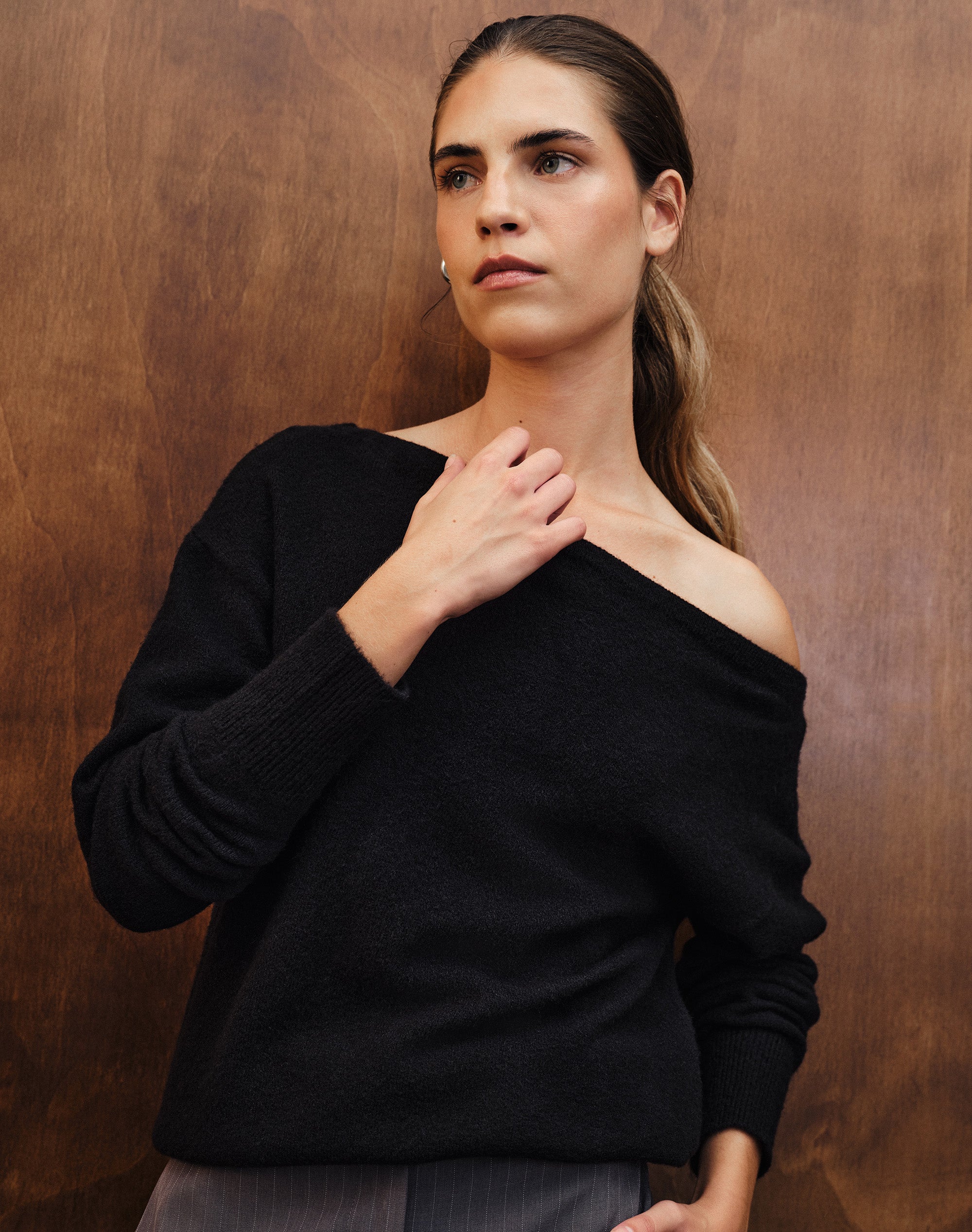 Oversized Off Shoulder Knit Jumper in Black | Glassons US