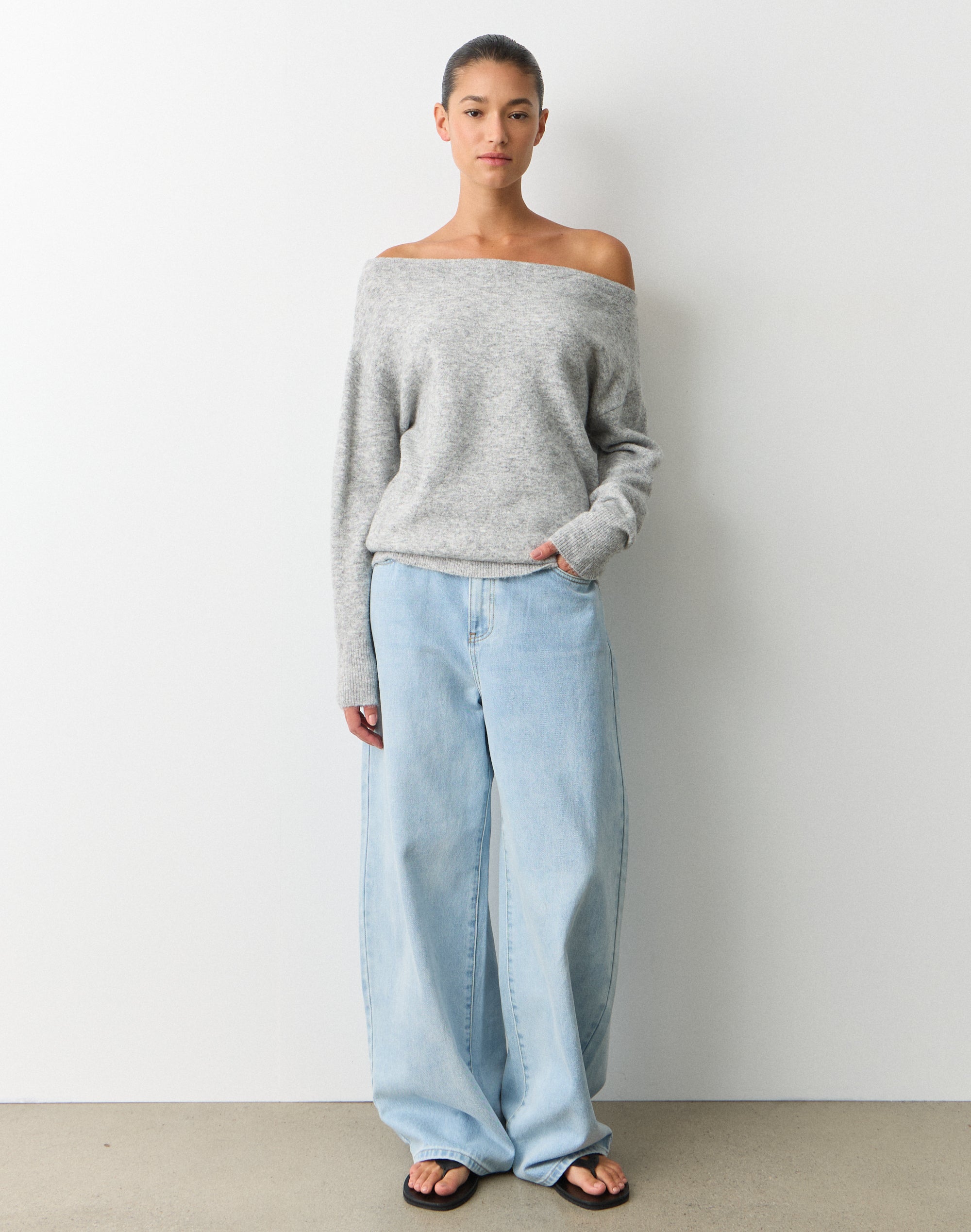 Oversized Off Shoulder Knit Jumper in Pale Grey Marle | Glassons US