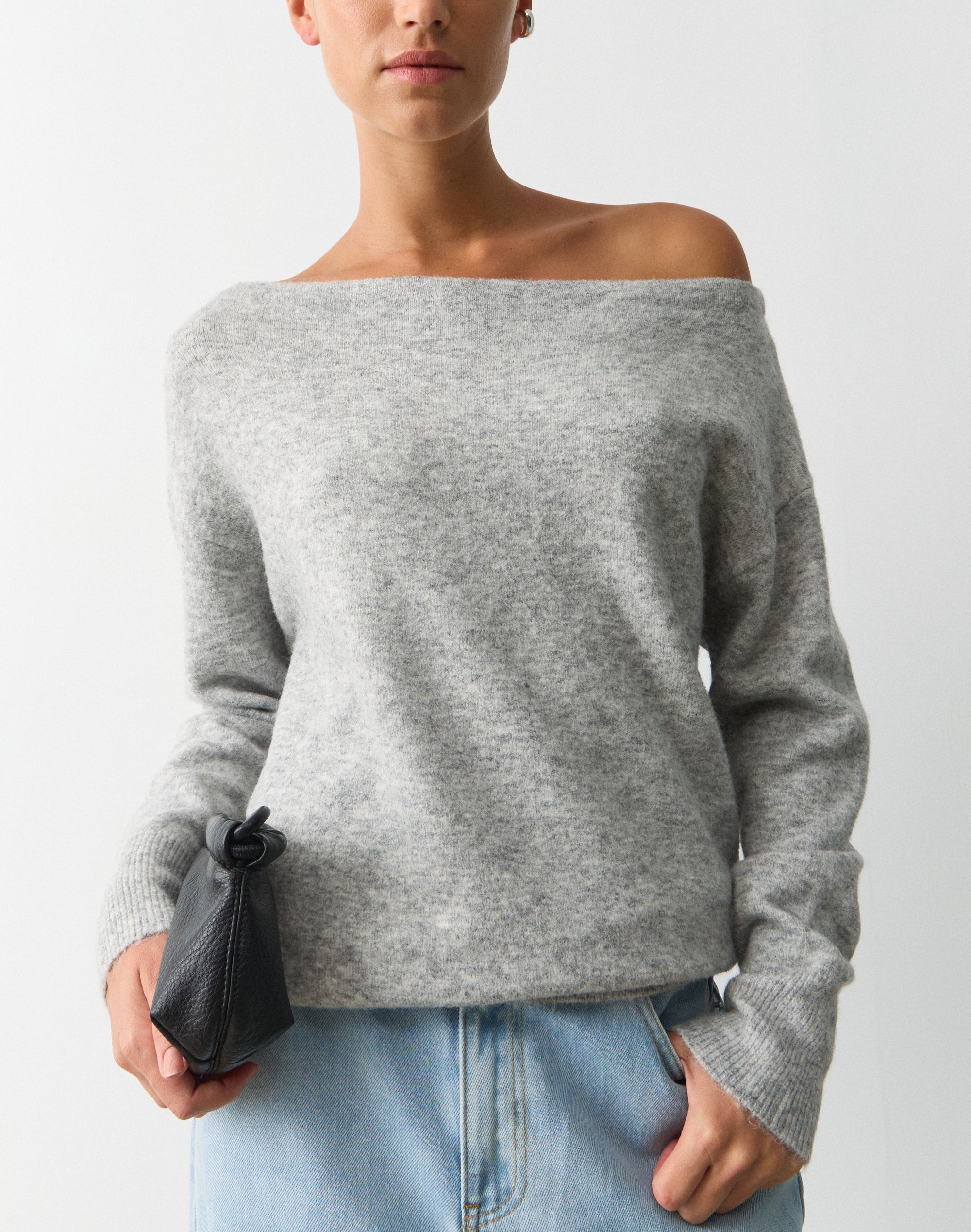 Oversized Off Shoulder Knit Jumper in Pale Grey Marle | Glassons US