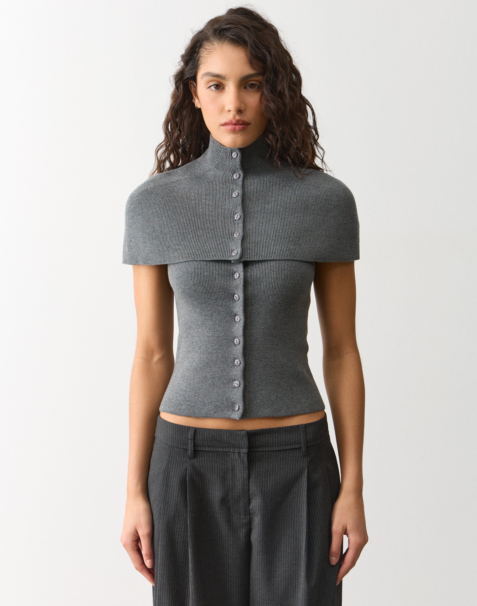 Ribbed Knit Cape Top in Grey Marle 07 | Glassons US