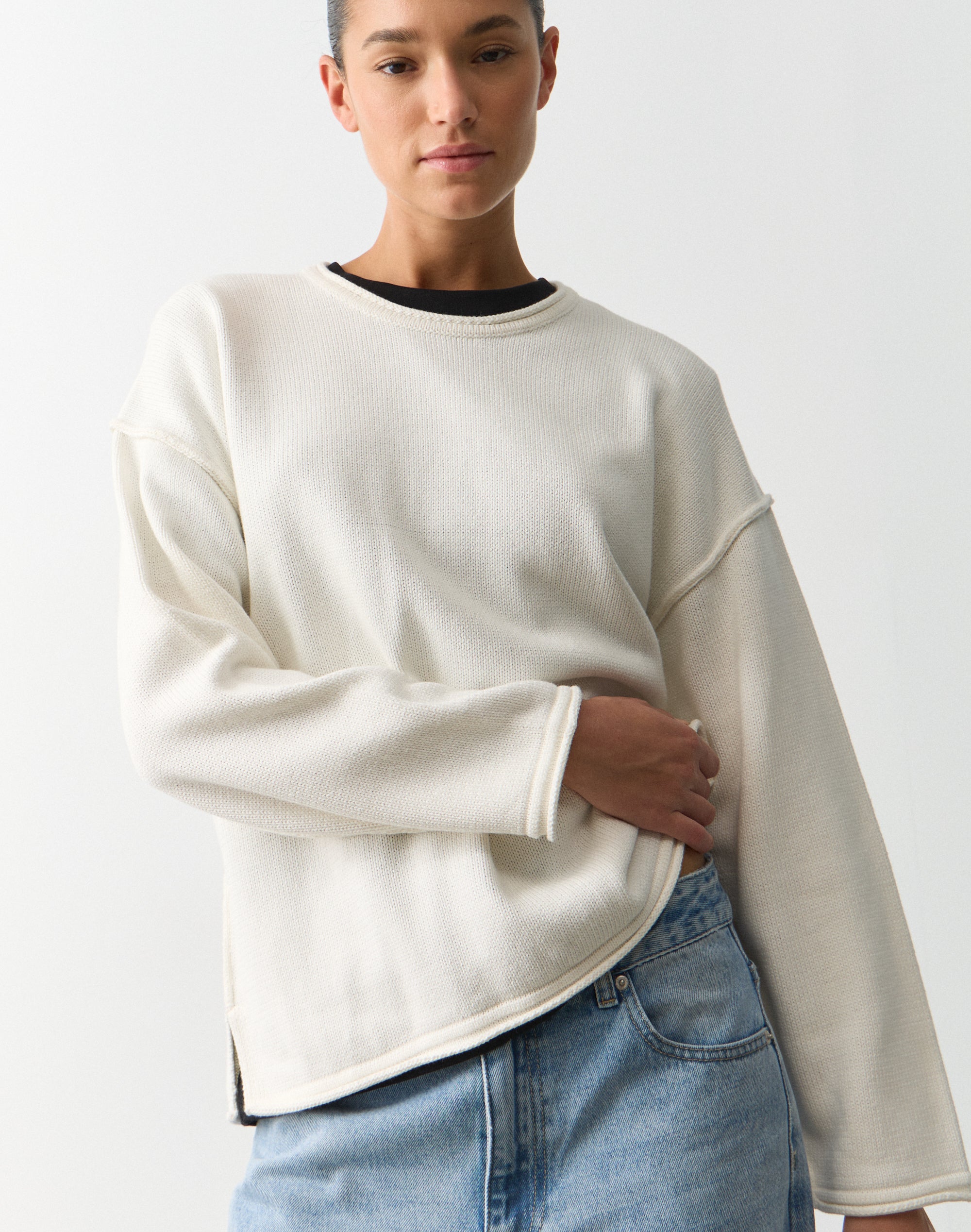 Cotton Exposed Seam Knit Jumper in Milk | Glassons US