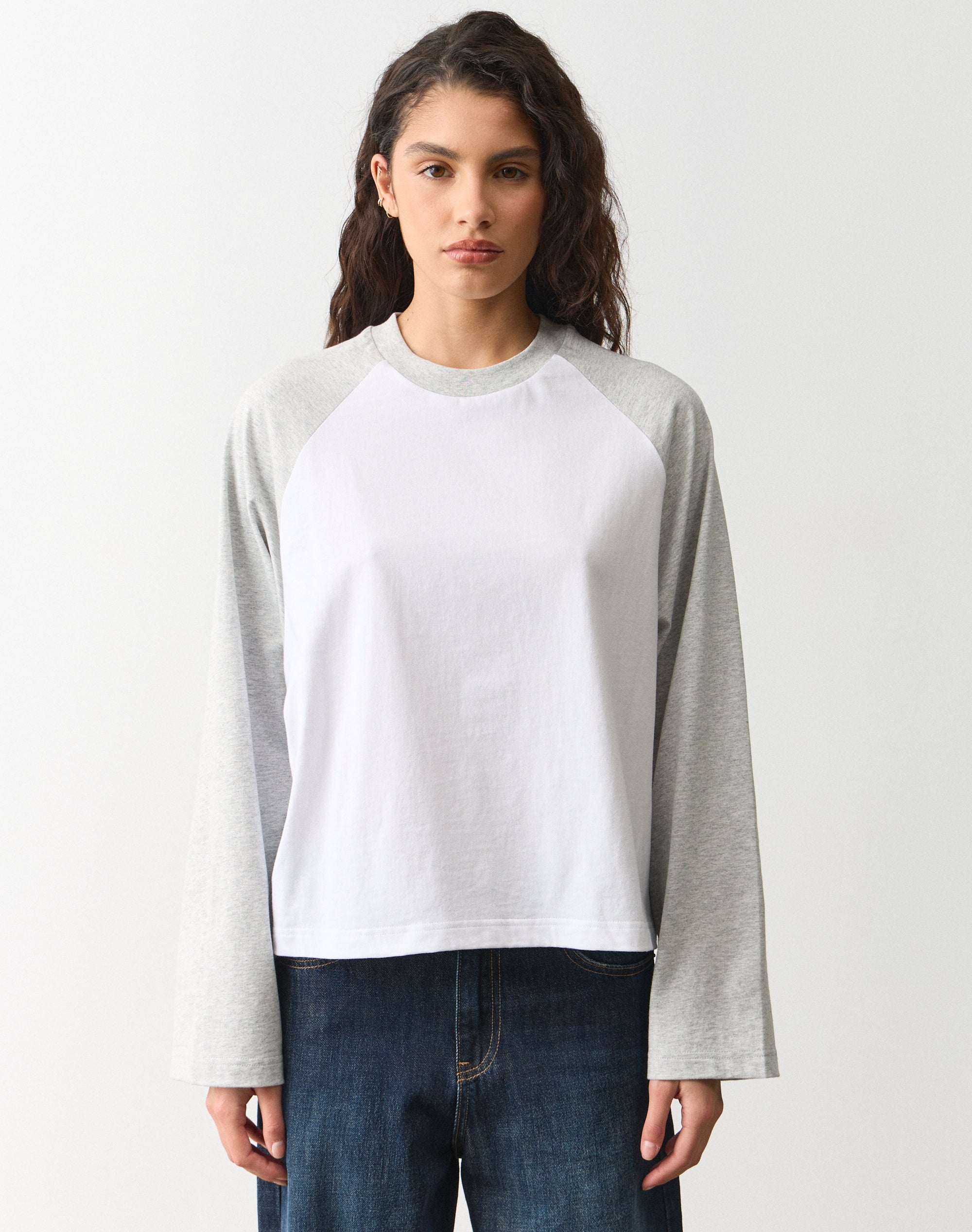 Cotton Raglan Long Sleeve Top in White X Pale Grey Marle | Glassons US