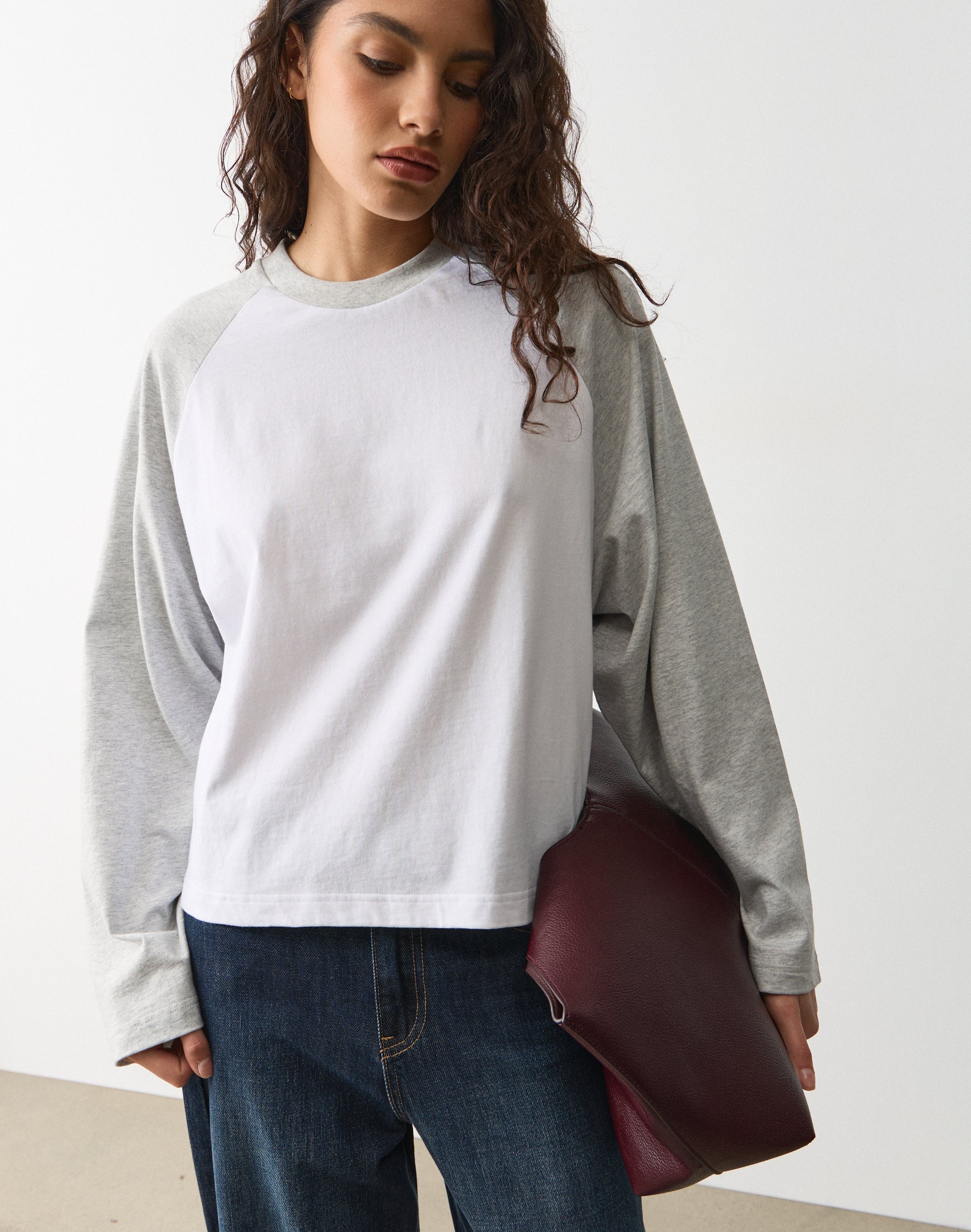 Cotton Raglan Long Sleeve Top in White X Pale Grey Marle | Glassons AU