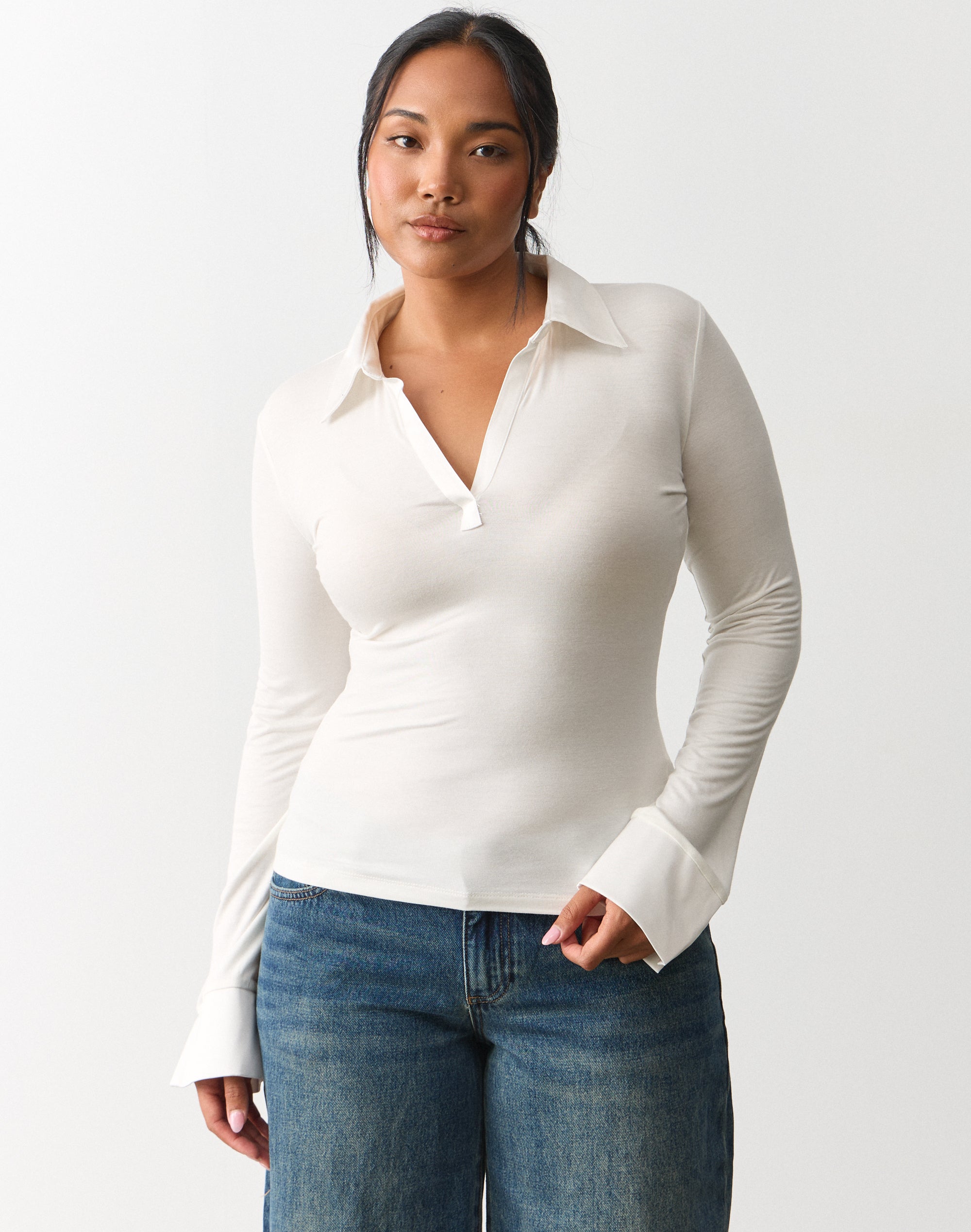 Satin Trim Long Sleeve Top in Milk X Milk | Glassons US