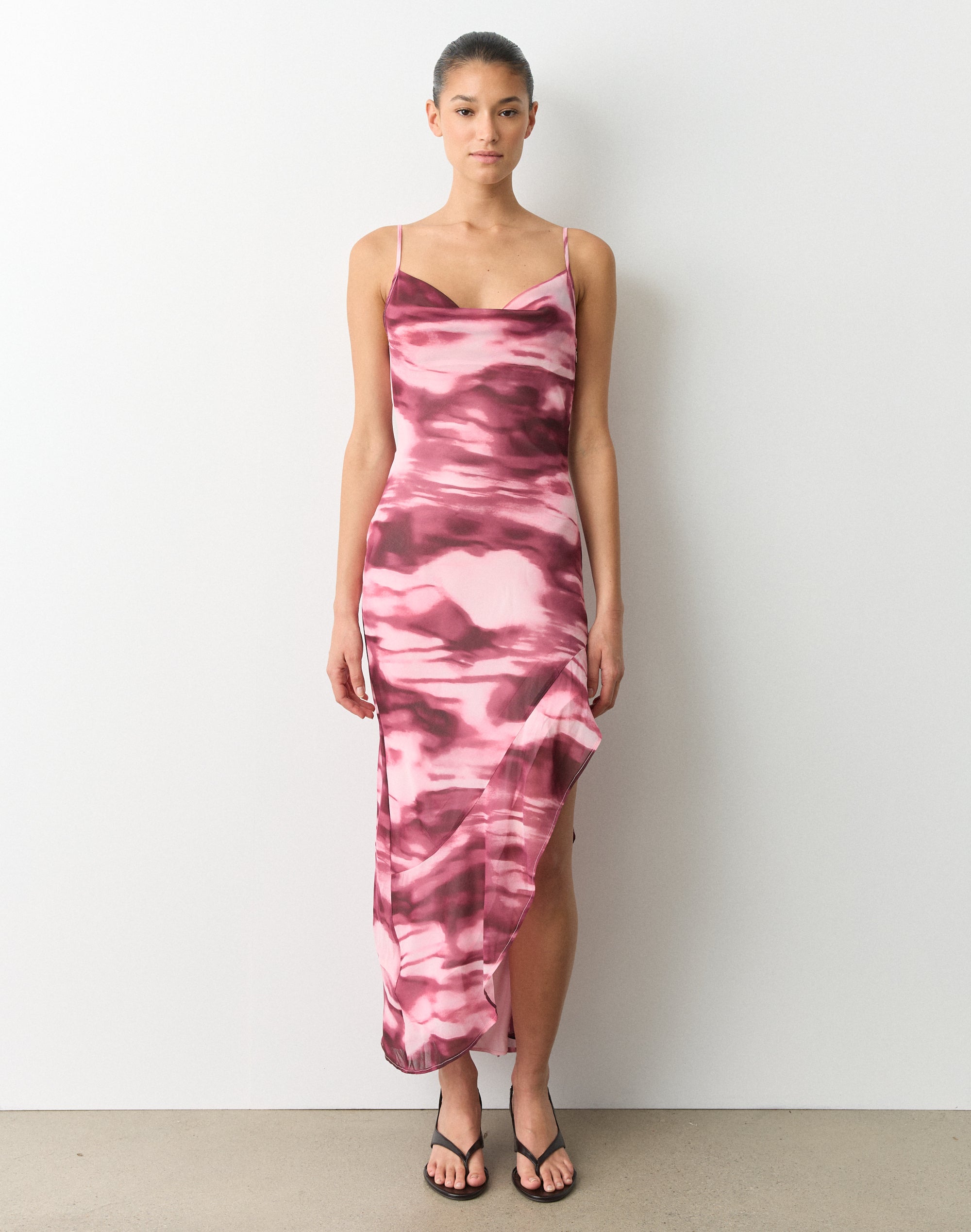 navy blue dress for baby girl ASOS DESIGN ruched side cowl neck maxi dress with asymmetric tier in hot  pink main image 0