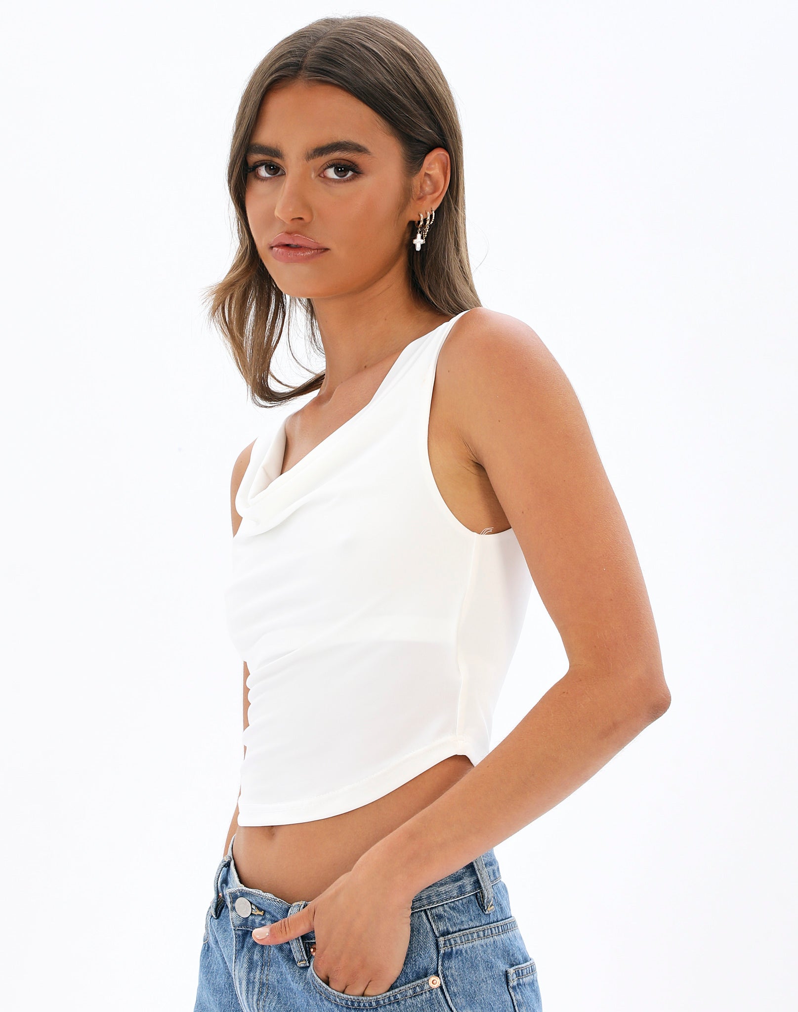 Supersoft Cowl Neck Low Back Top in White | Glassons
