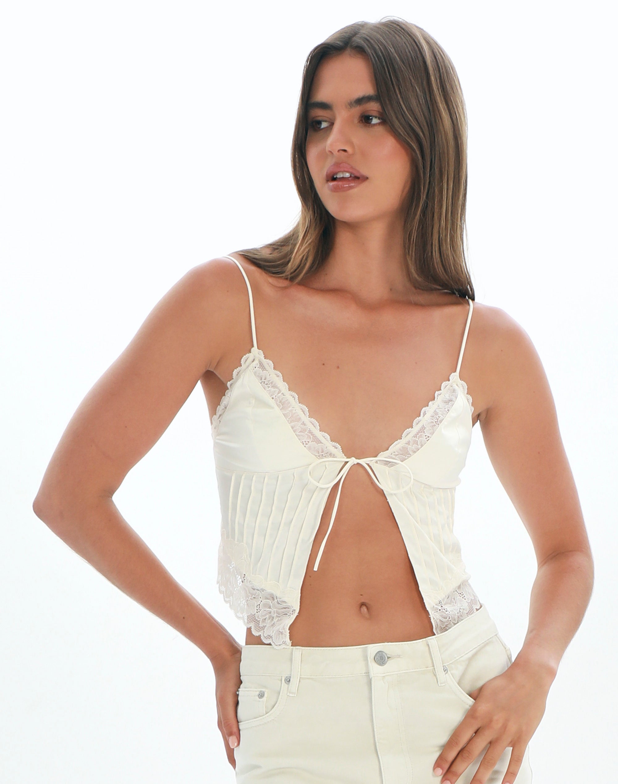 Split Front Lace Trim Tie Cami in Nude | Glassons