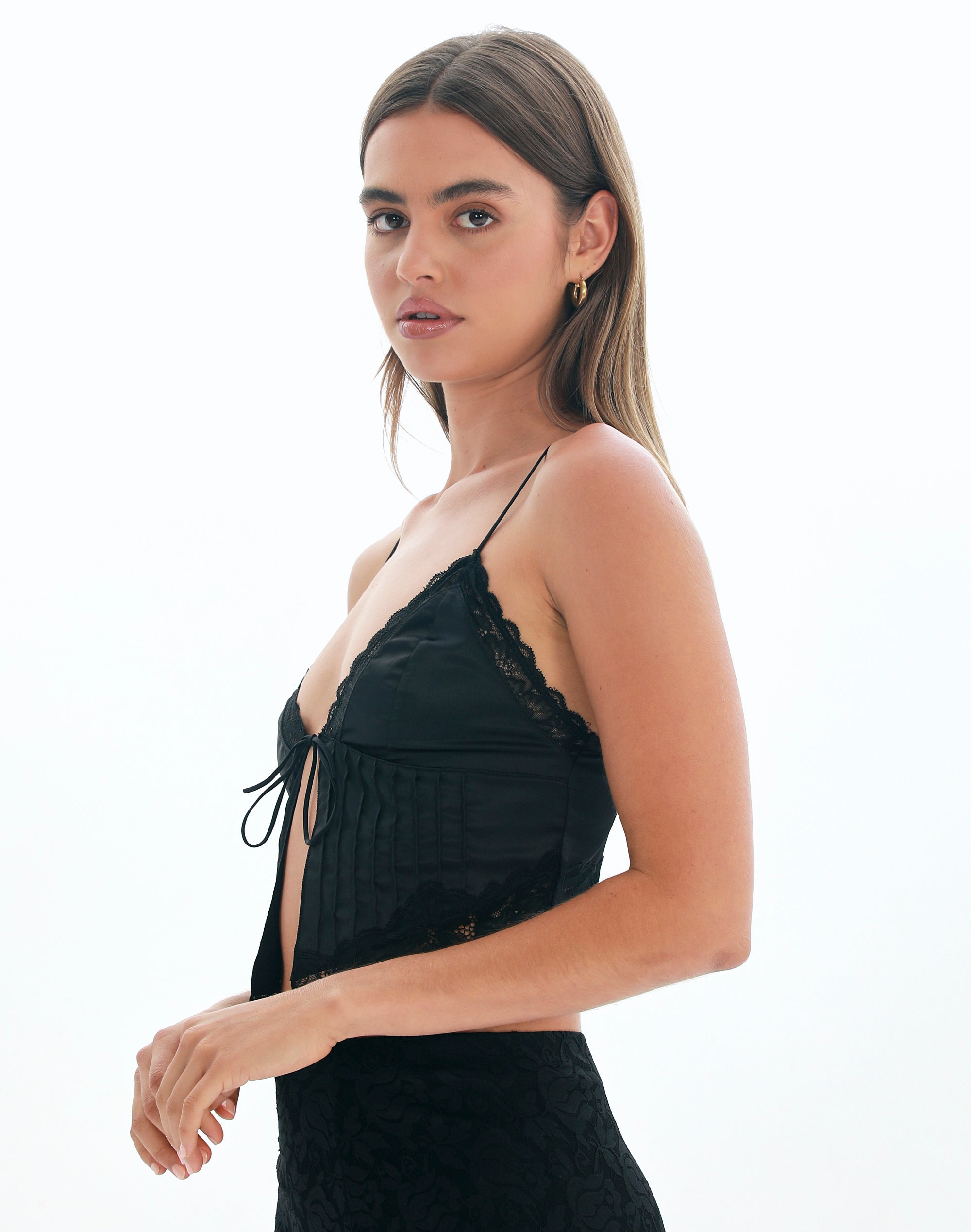 Split Front Lace Trim Tie Cami in Black | Glassons