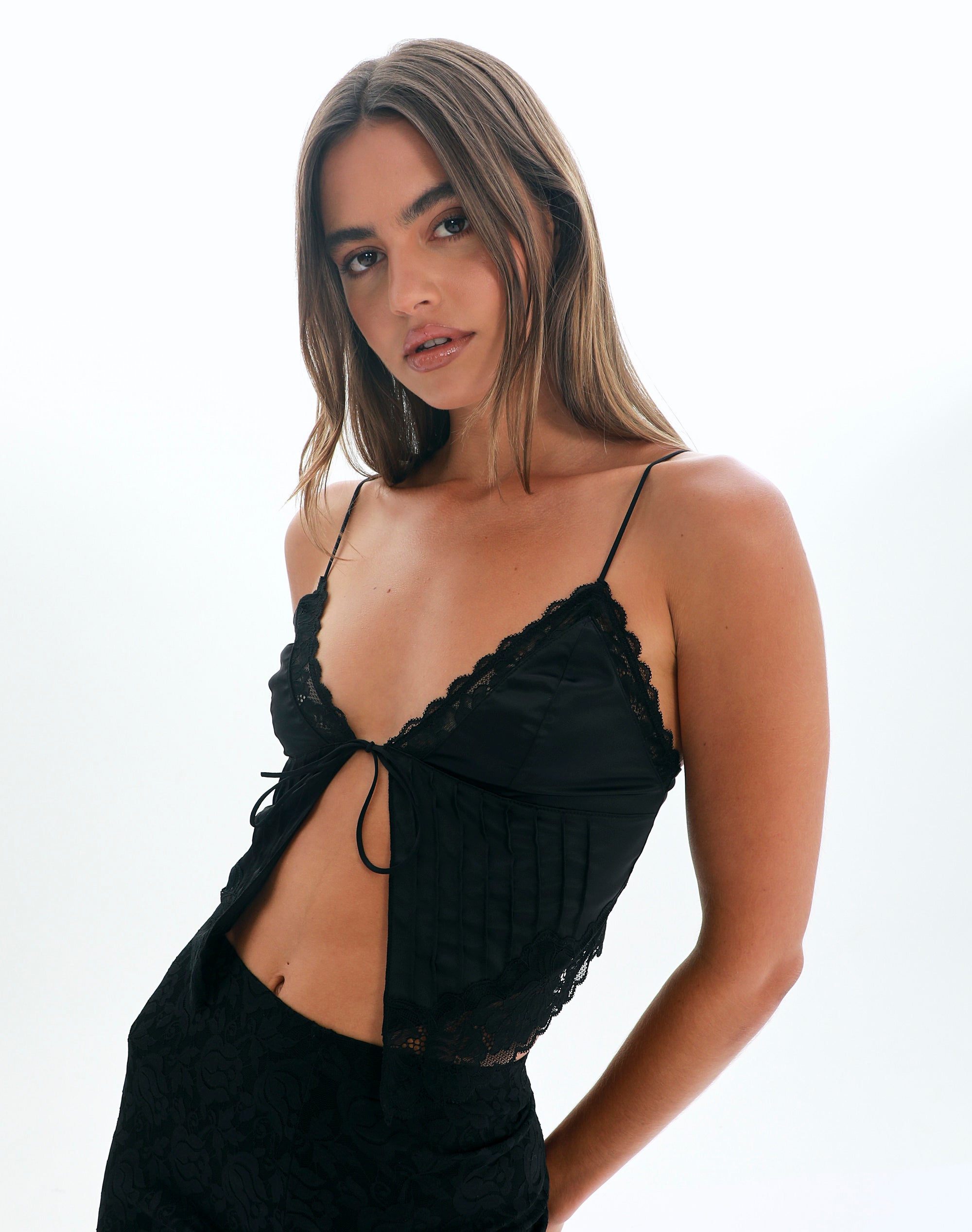 Split Front Lace Trim Tie Cami in Black | Glassons