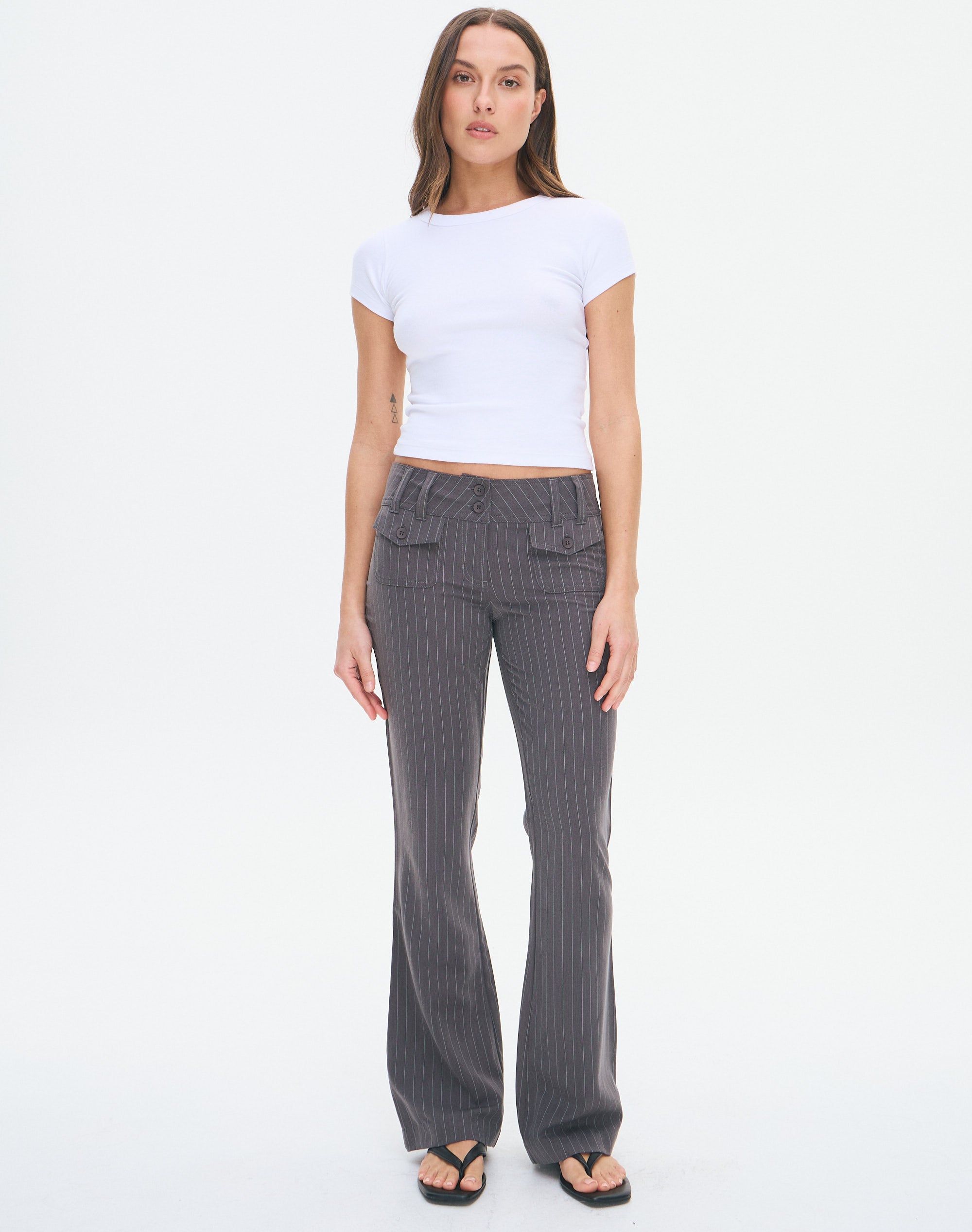 Low Rise Pinstripe Tailored Flare Pant in Charcoal X White