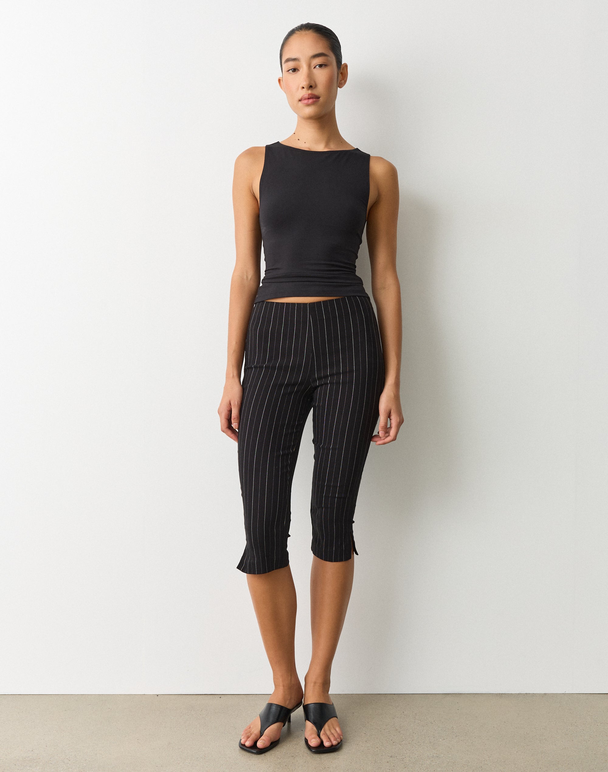 Mid Rise Capri Pant in Black X White Pinstripe | Glassons AU