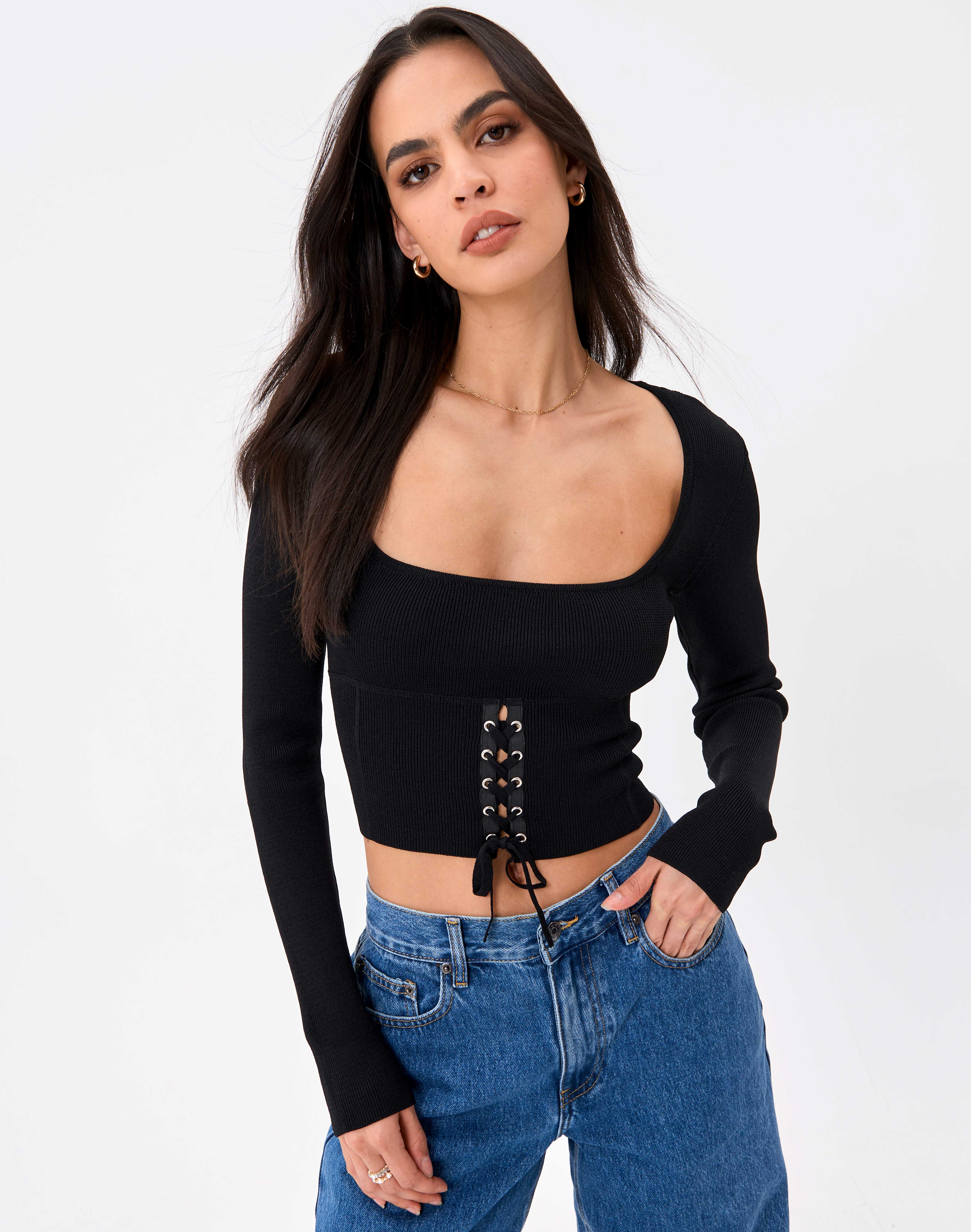 Lace Up Front Long Sleeve Knit in Black 