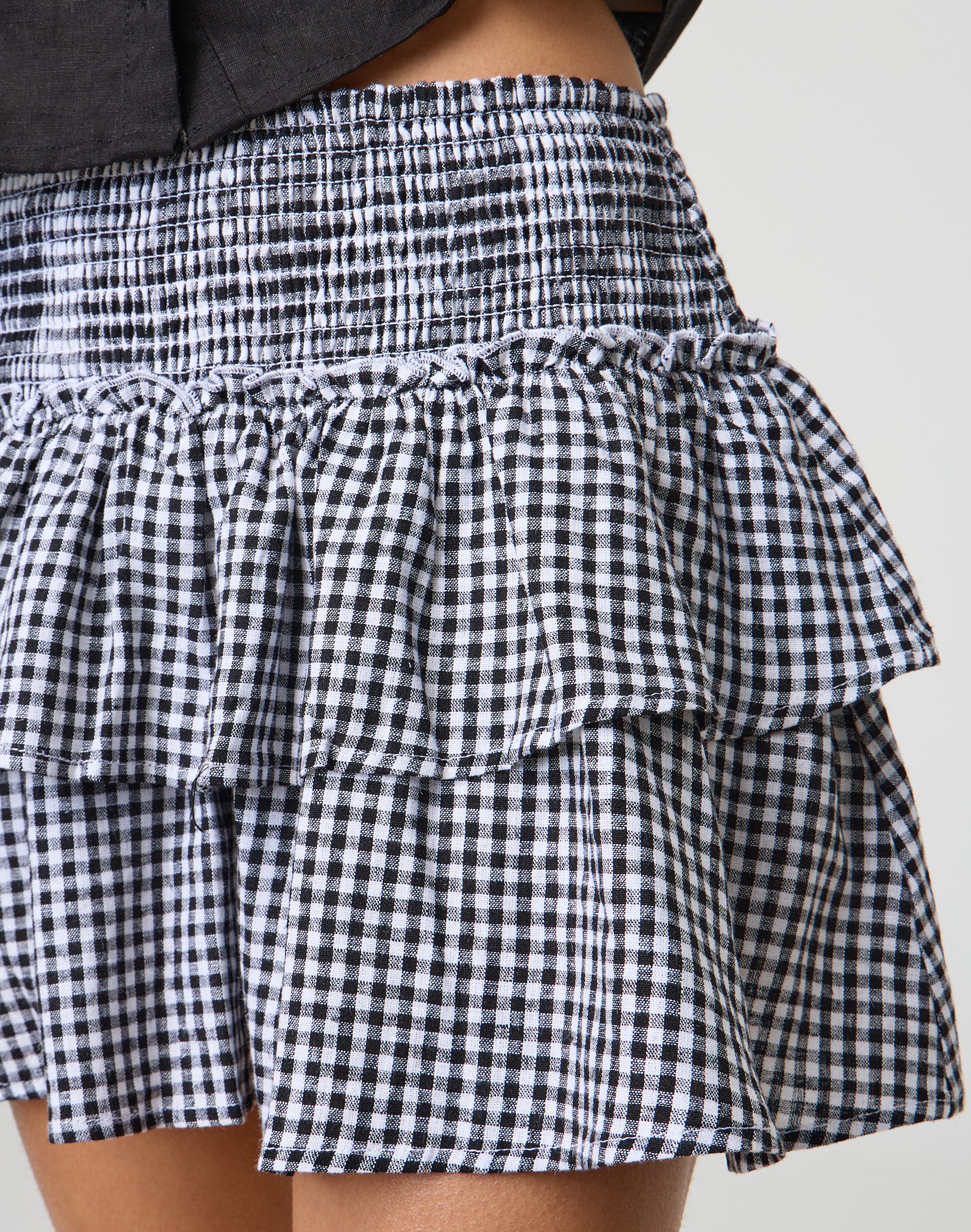 Gingham Linen Blend Tiered Ruffle Mini Skirt