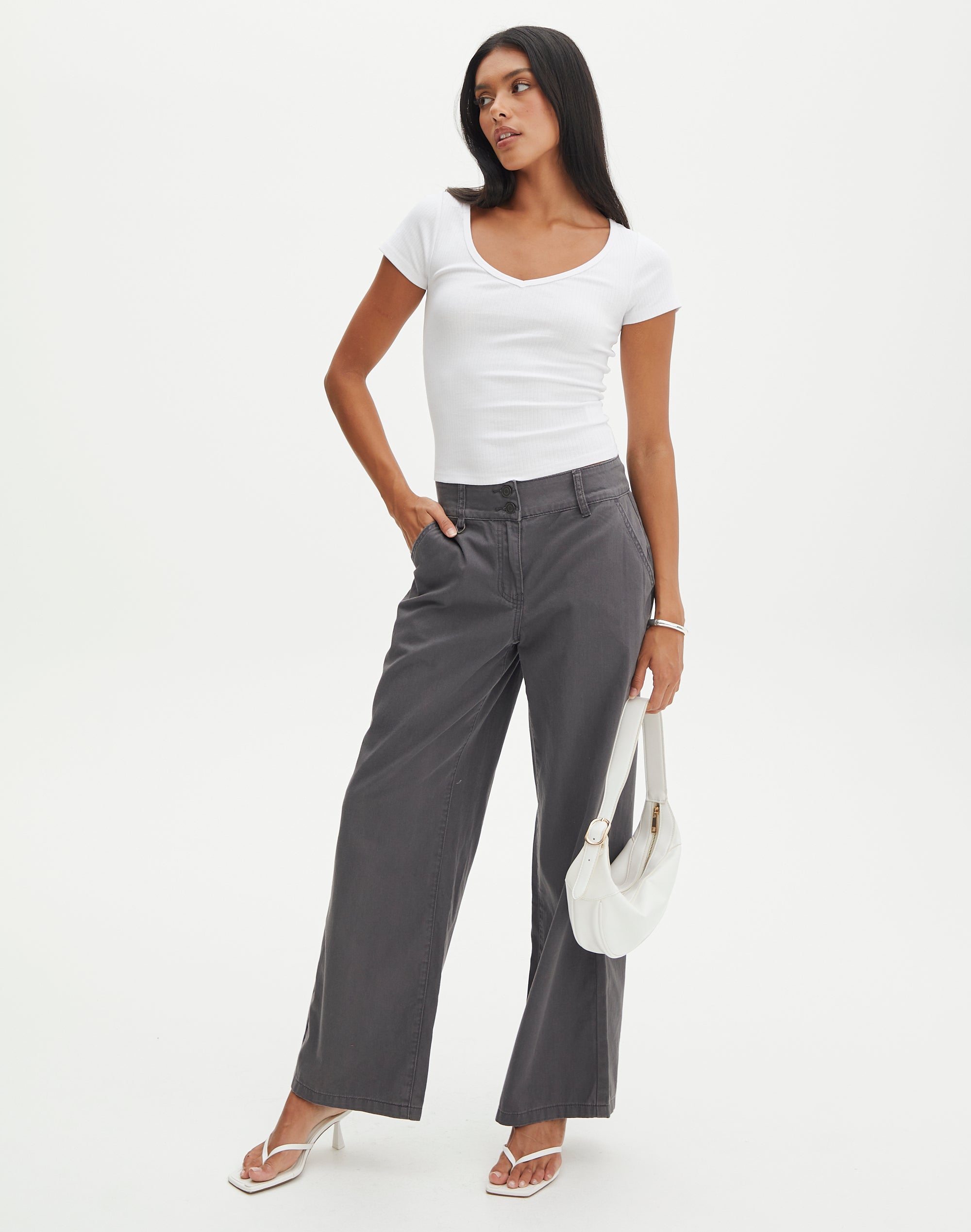 Double Button Wide Leg Pant in Shadow Dancer