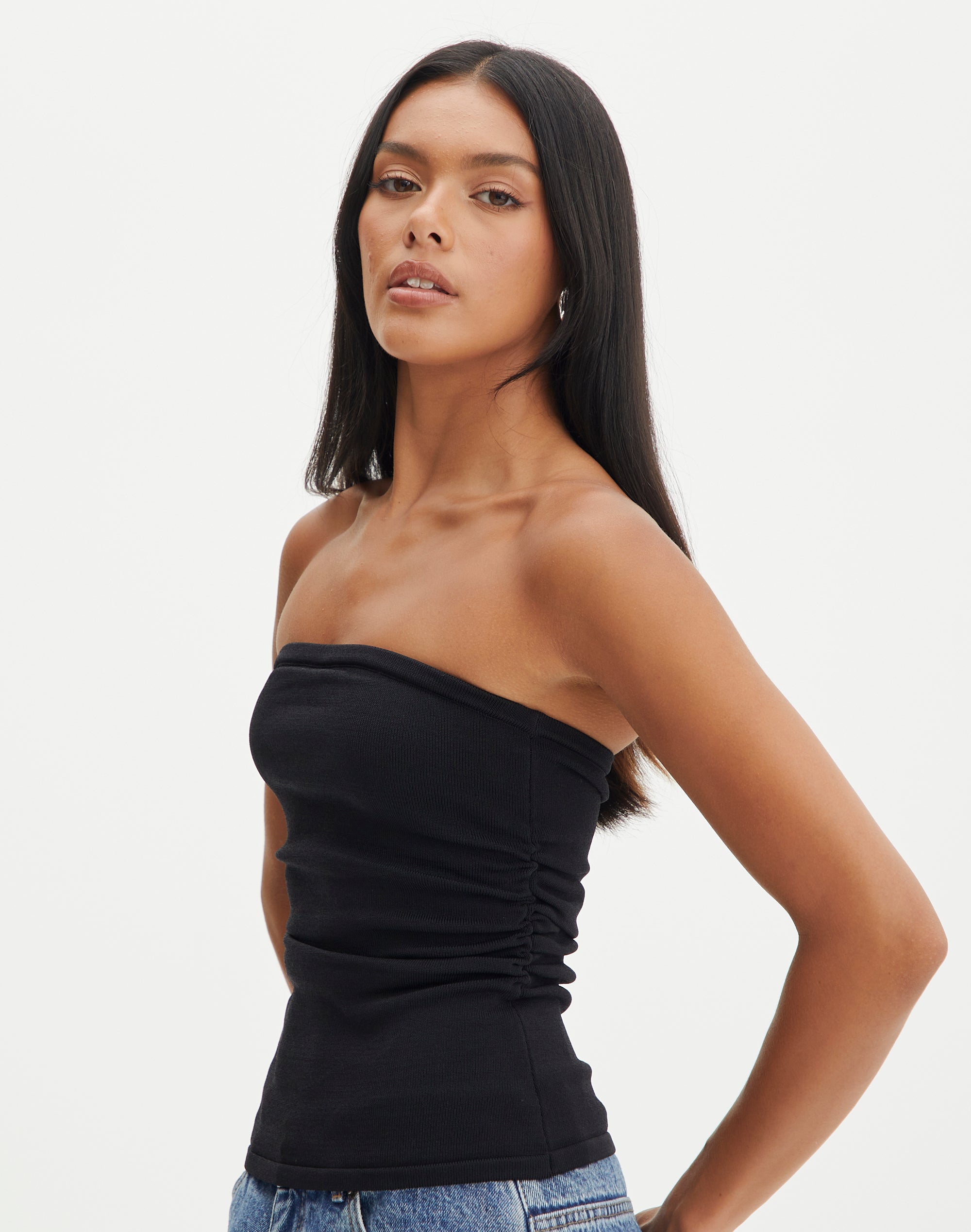 Longline Strapless Ruched Knit Bandeau in Black