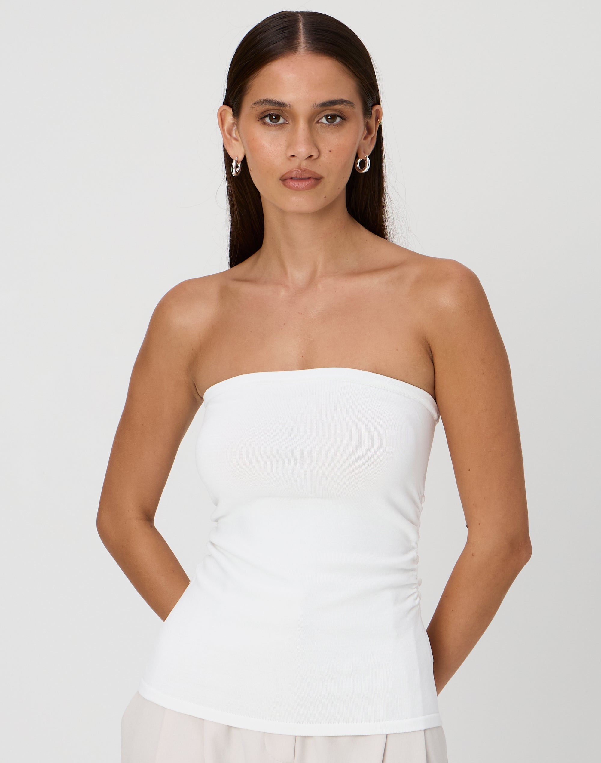 Longline Strapless Ruched Knit Bandeau in Milk