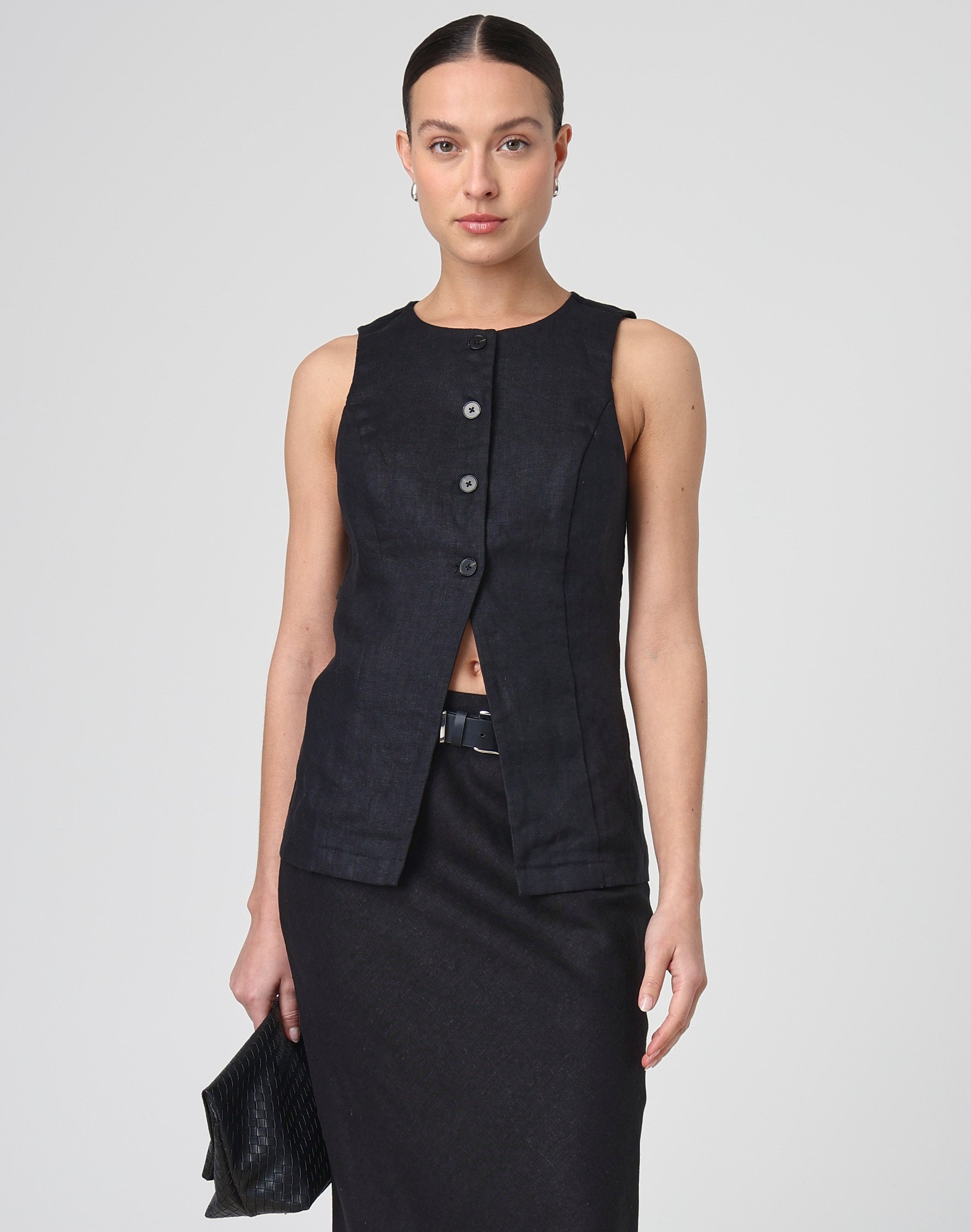 High Neck Linen Vest Top in Black | Glassons US