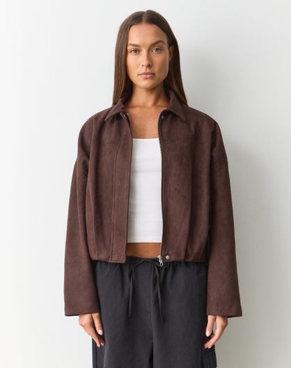 Faux Suede Collared Bomber Jacket