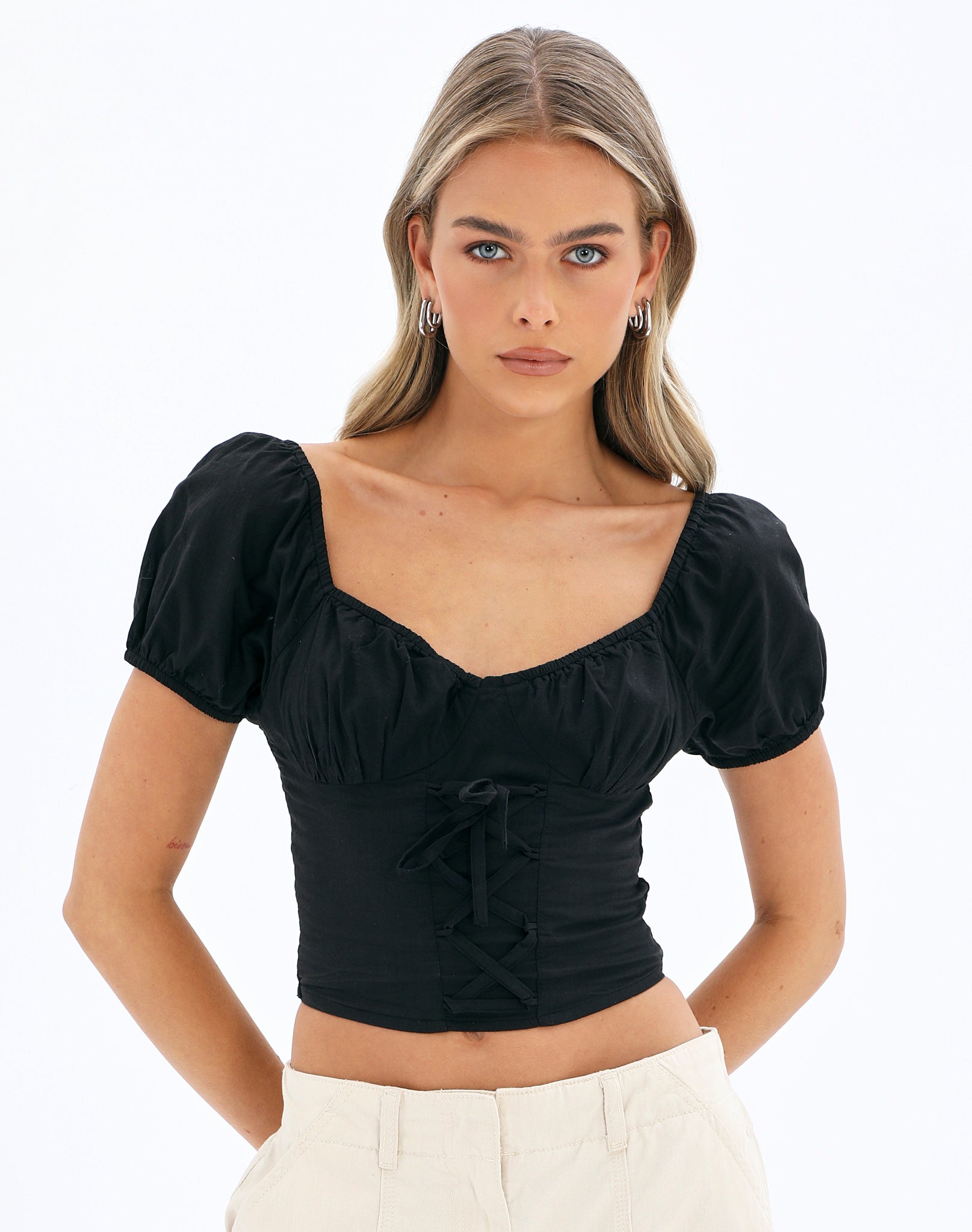 black tie up blouse