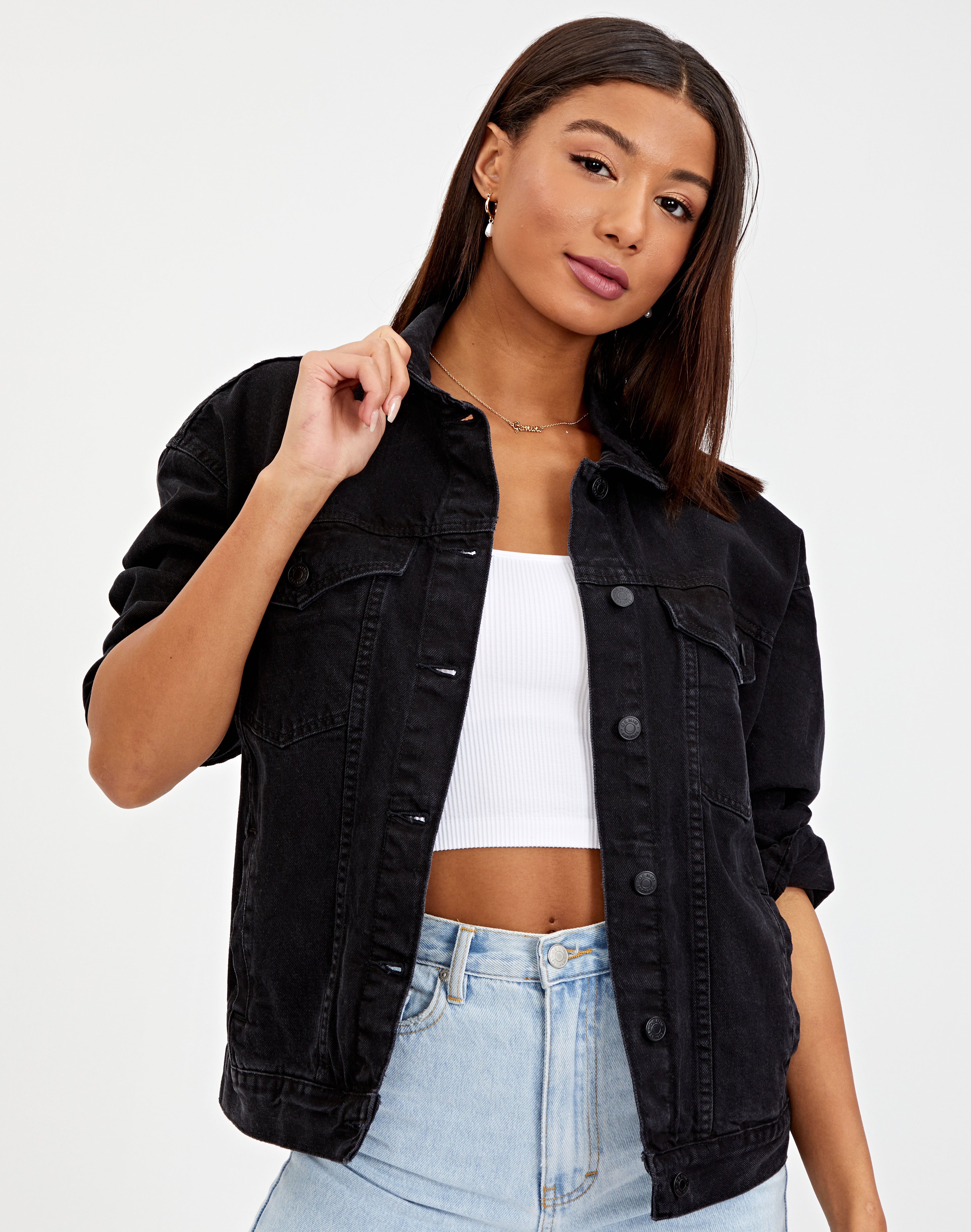 Oversized Denim Jacket in Black | Glassons