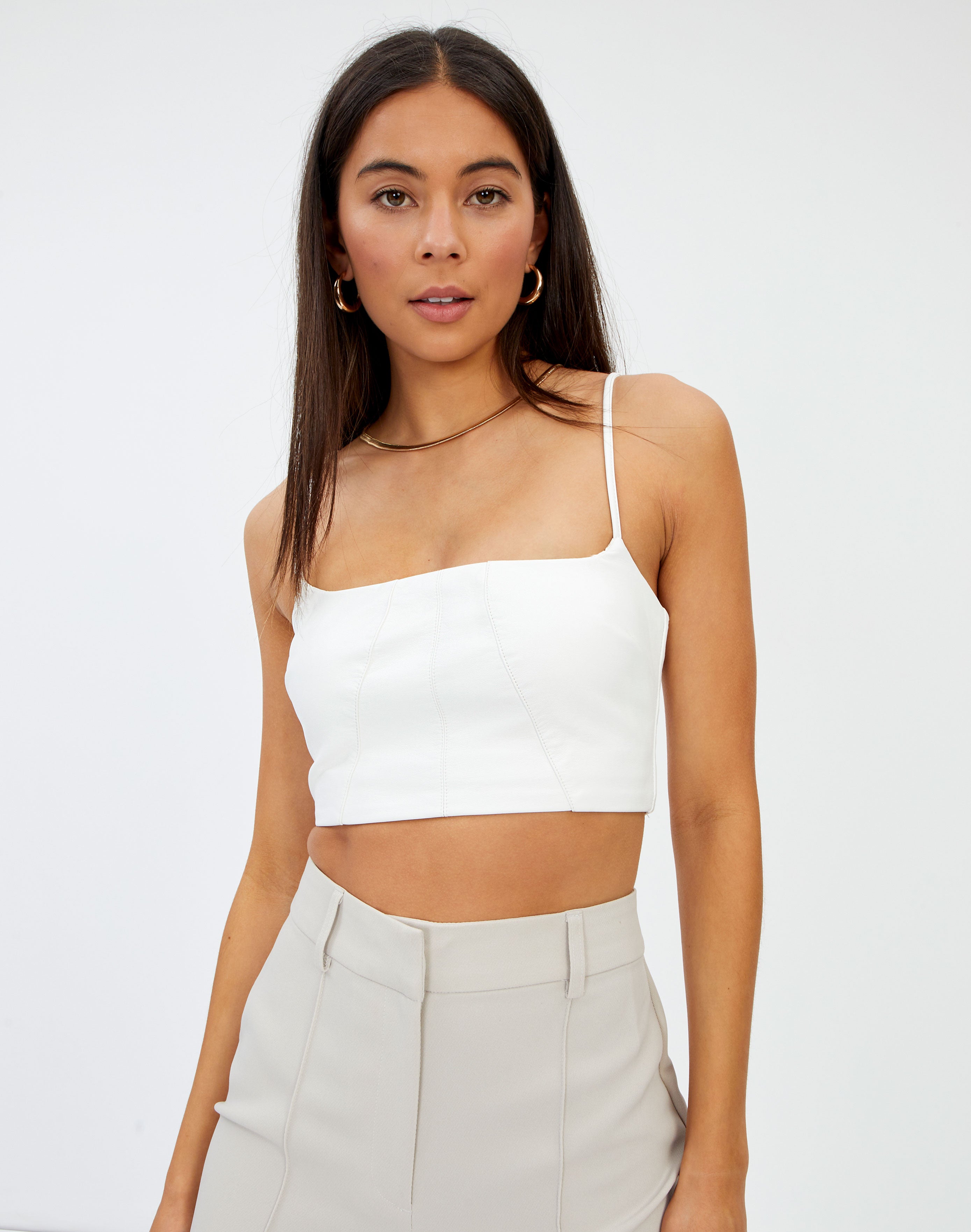 Faux Leather Tie Back Cami In White, White Faux Leather Top