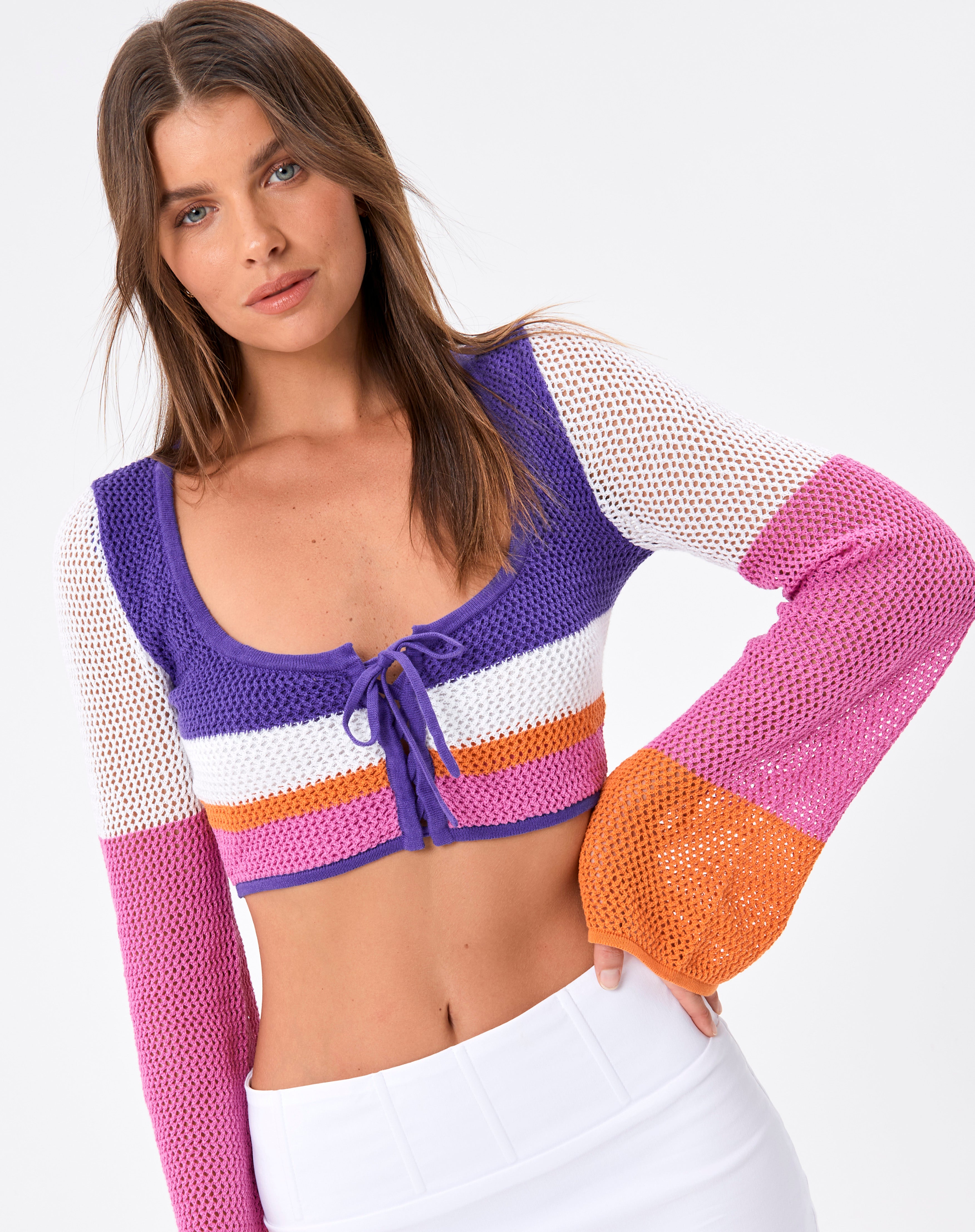 Stripe Crochet Lace Up Long Sleeve Crop 