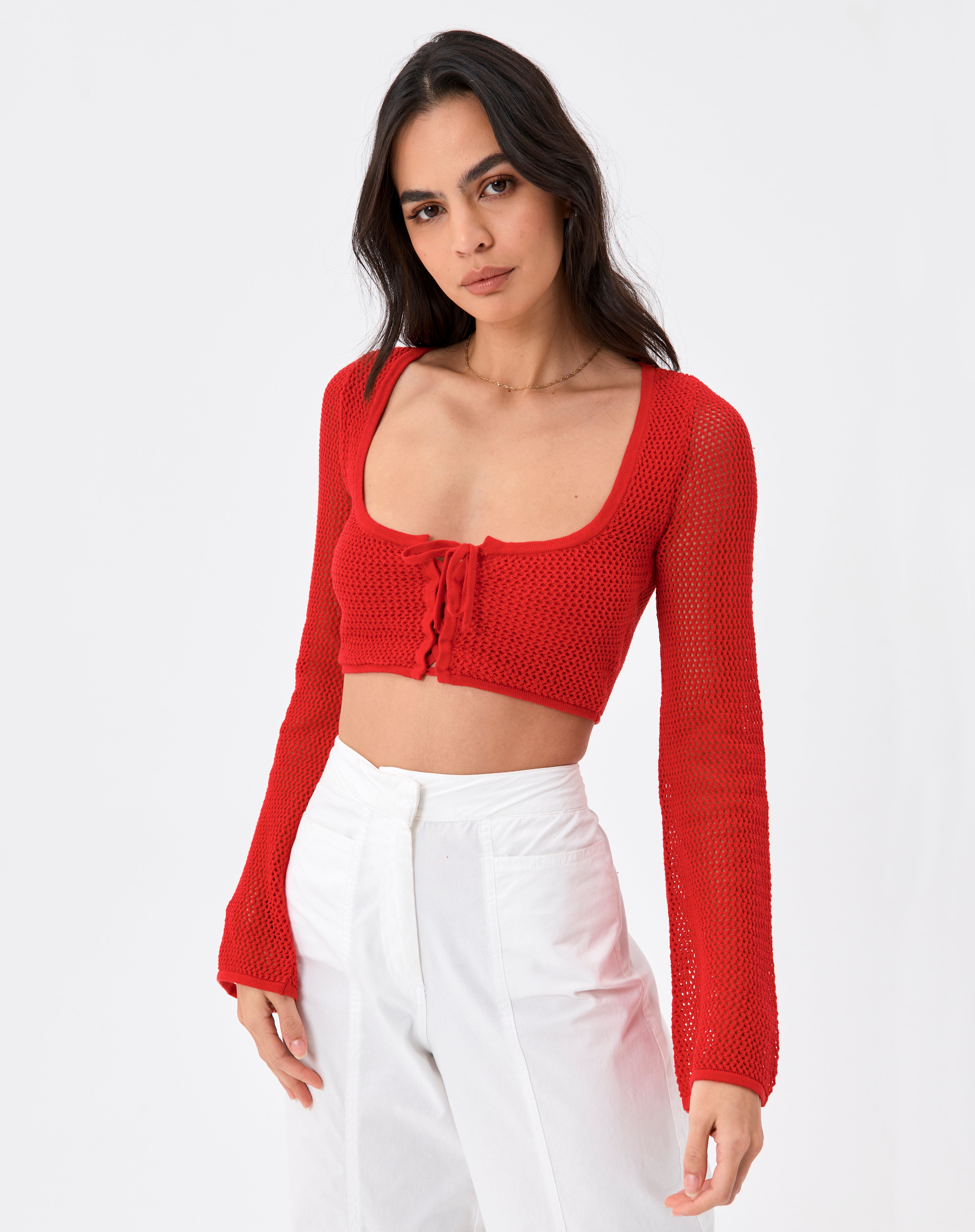 Crochet Lace Up Front Long Sleeve Crop 