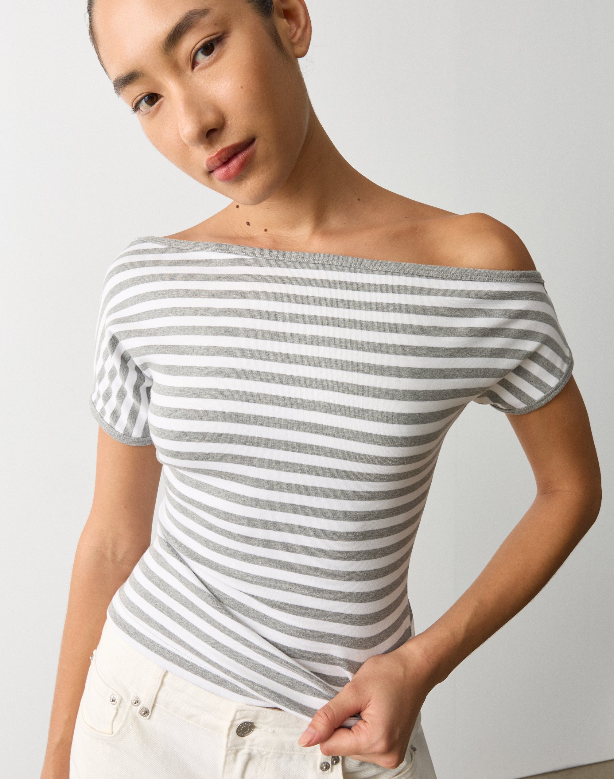 Off Shoulder Top in Grey X White Stripe | Glassons US