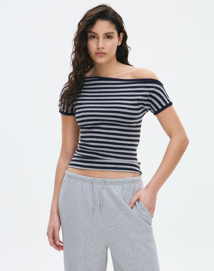 Stripe Off Shoulder Top in Navy Grey Lena Stripe | Glassons AU