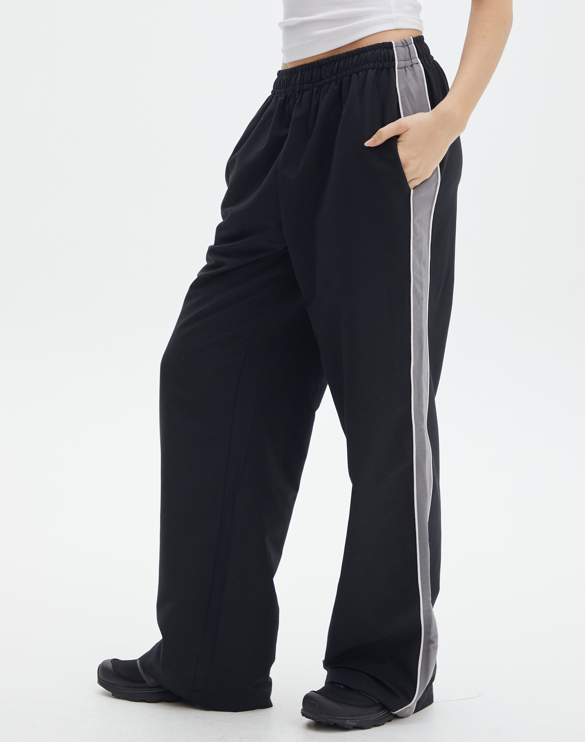 Black Wide Leg Joggers with Gold Stripe Detail