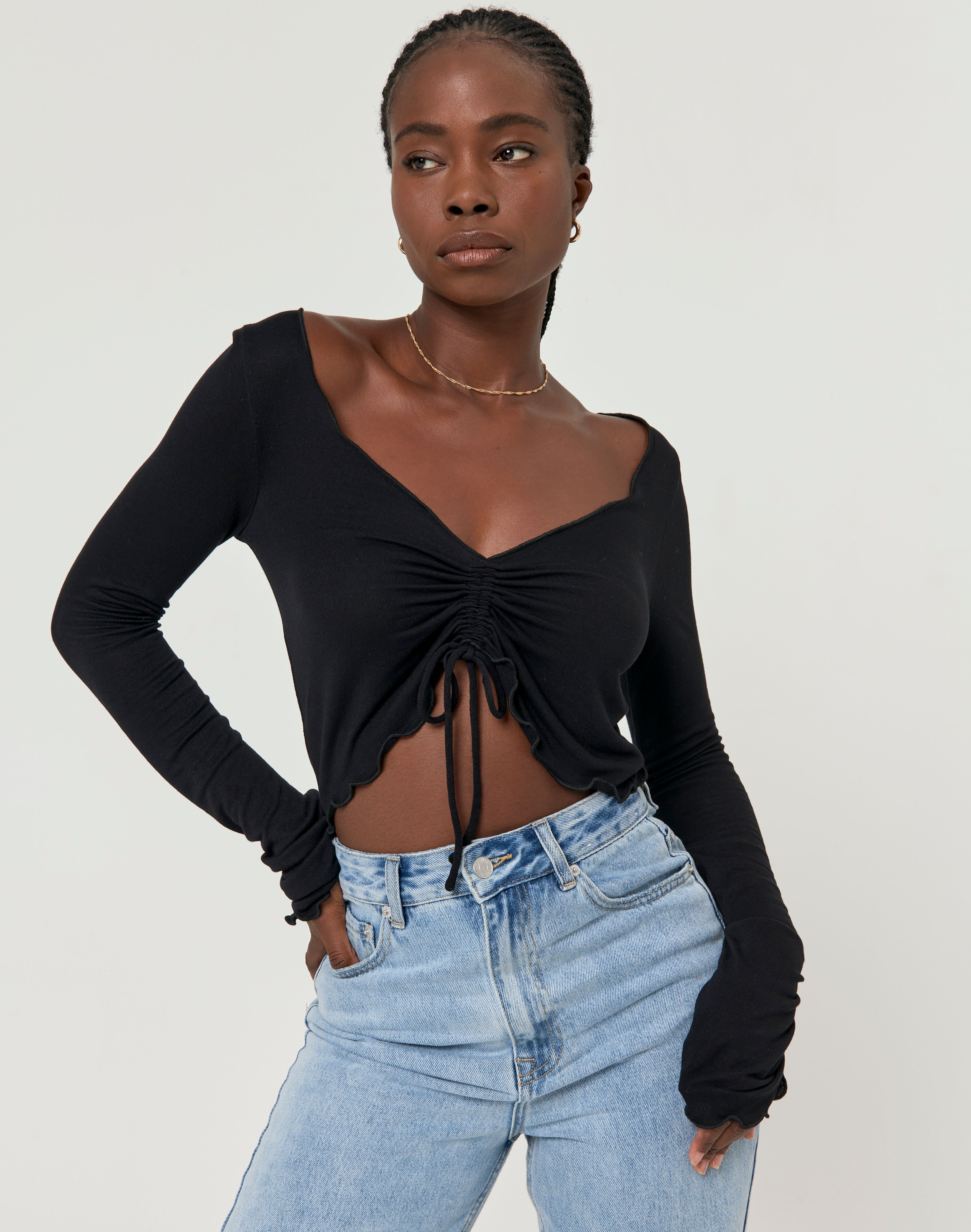 Lettuce Trim Ruched Cropped Long Sleeve 