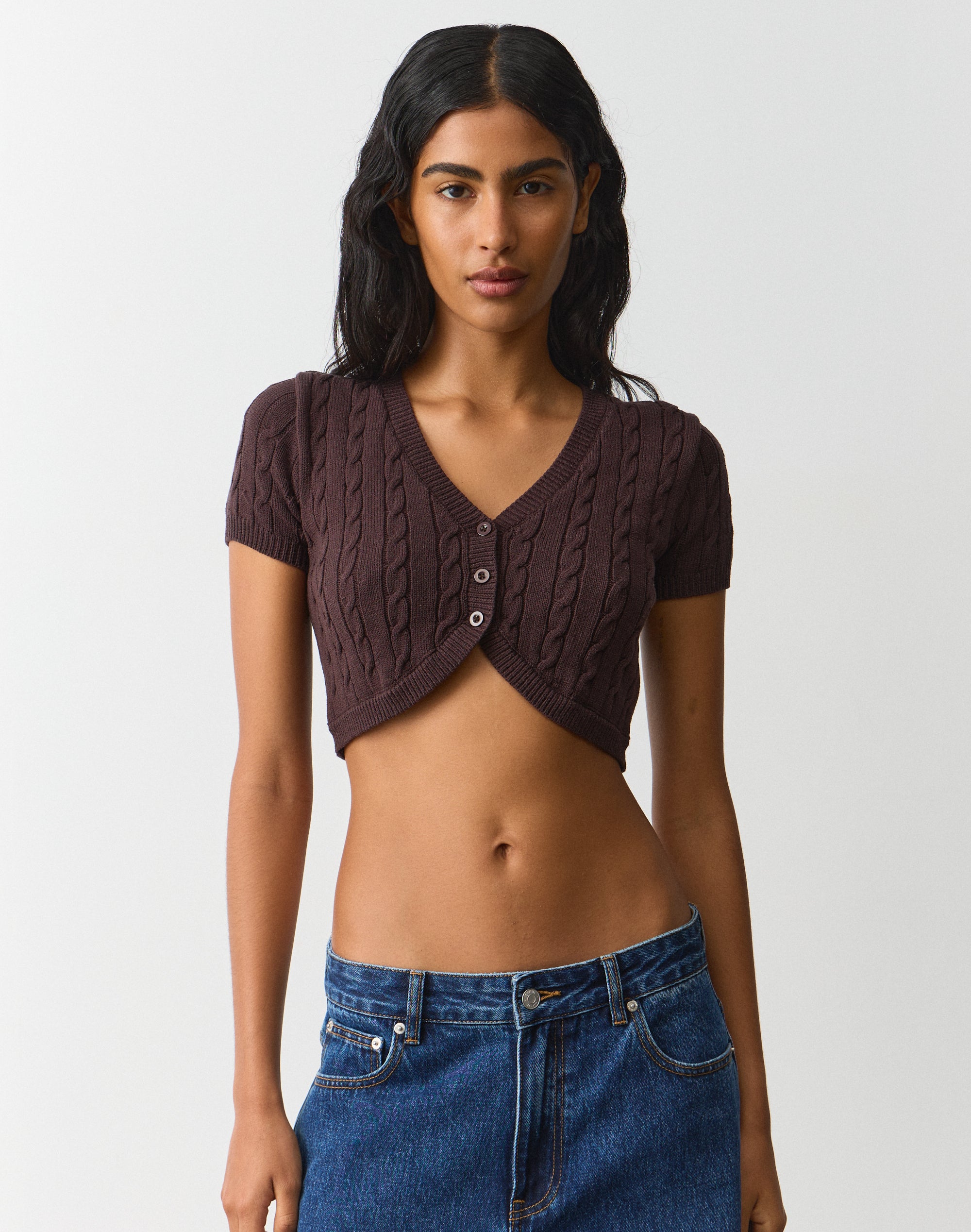Short Sleeve Cable Knit Bolero in Fudge Fantasy | Glassons AU