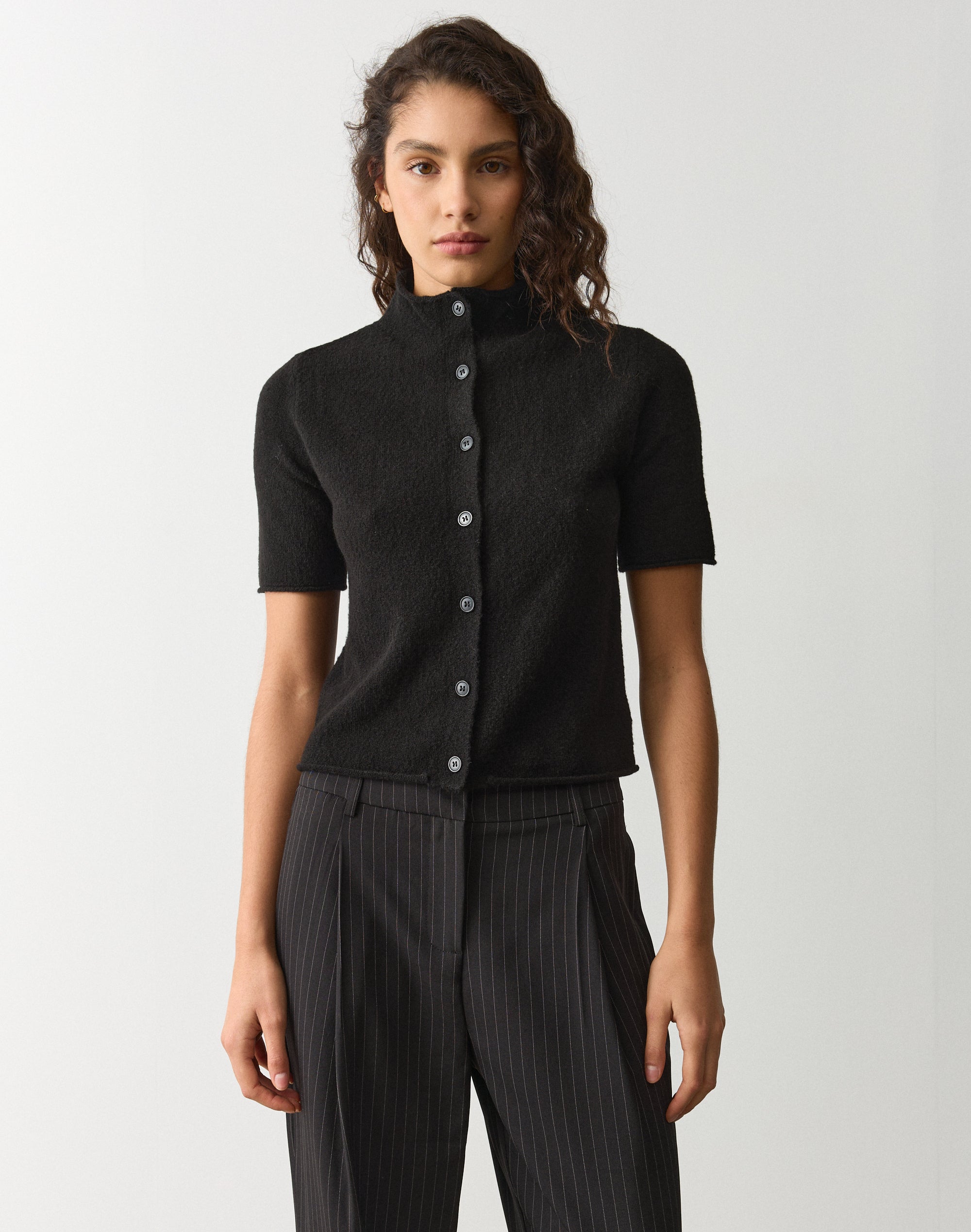 High Neck Short Sleeve Cardigan in Black | Glassons