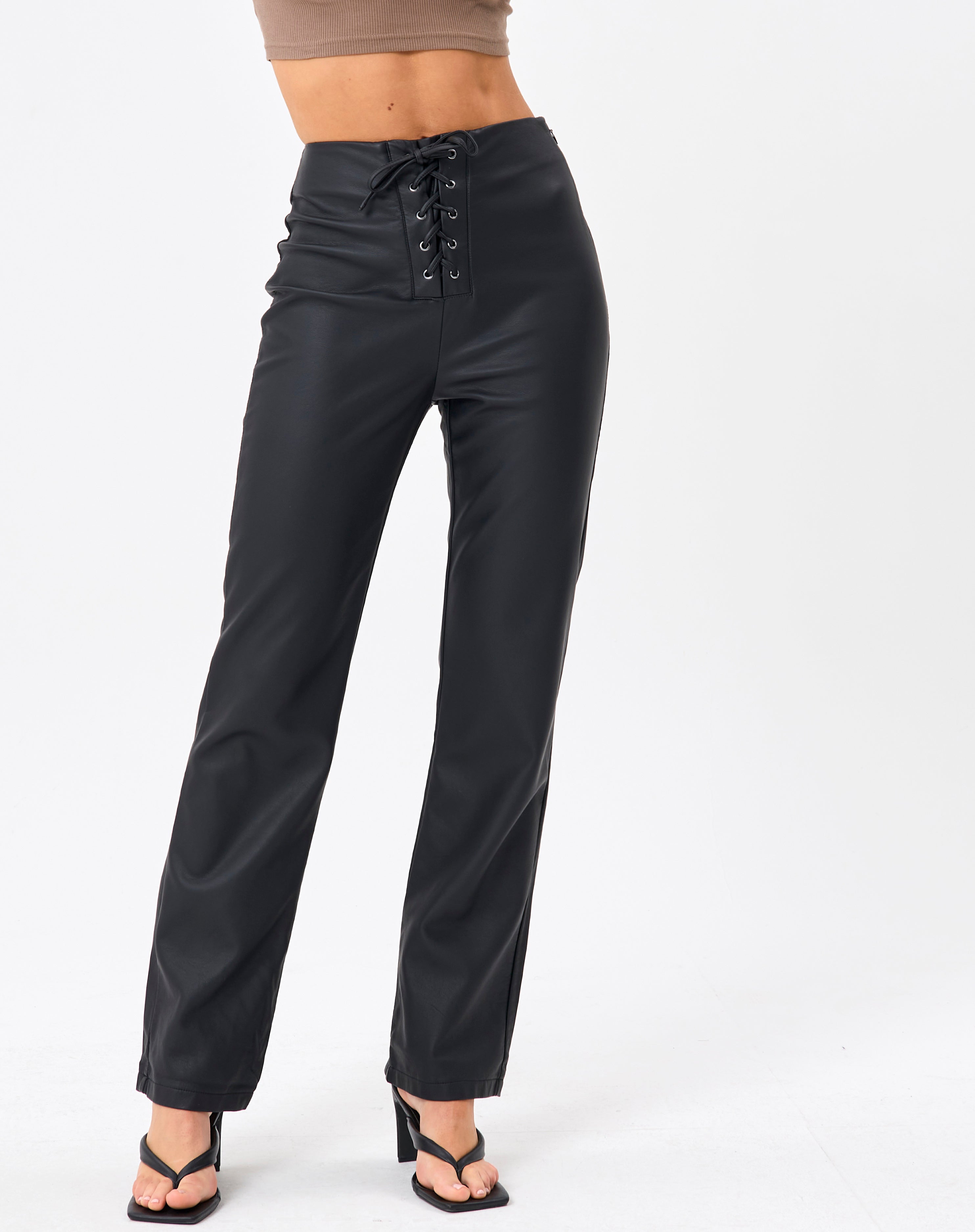 Faux Leather Lace Up Straight Leg Pant 