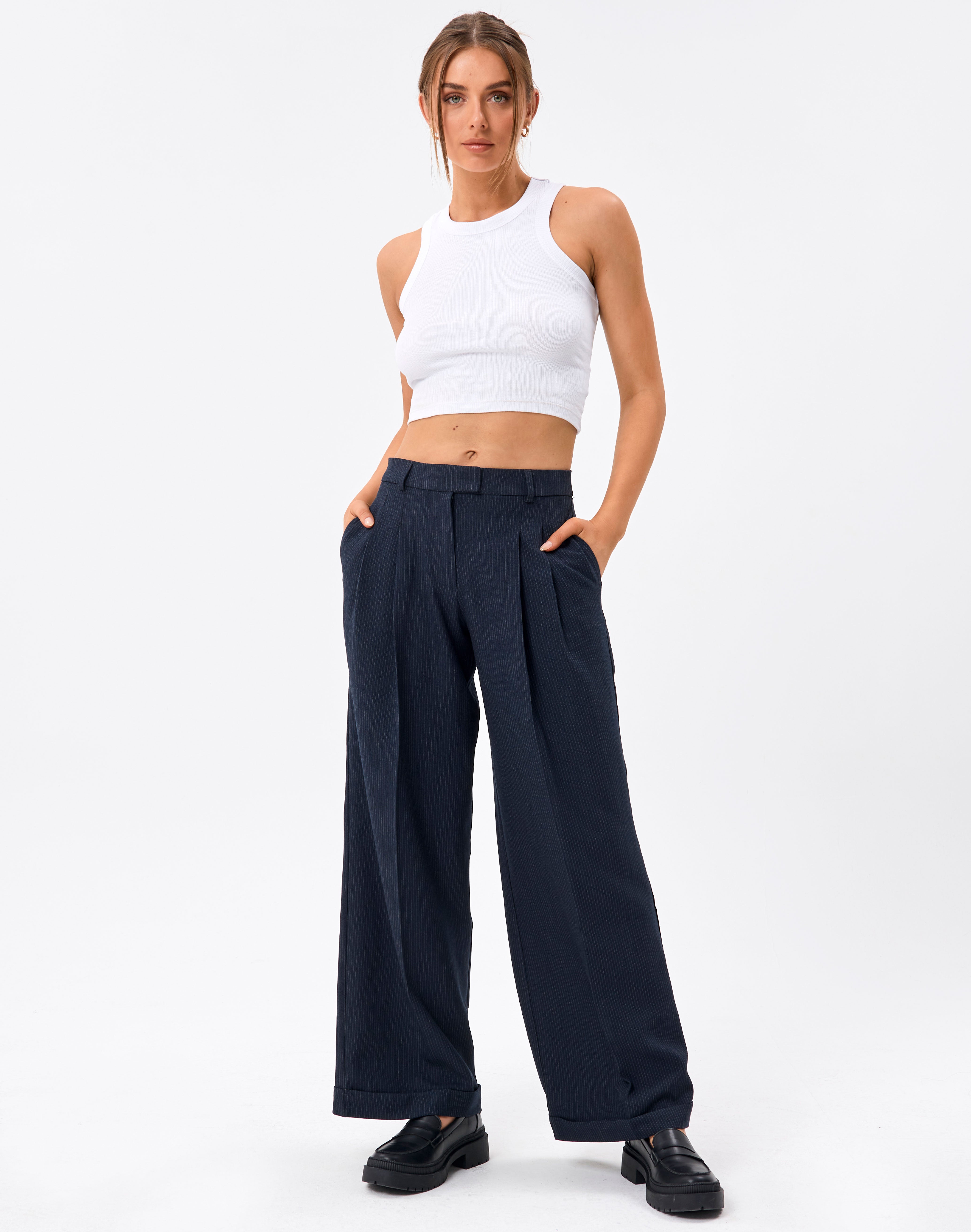 Pinstripe Mid Rise Wide Leg Pant in 