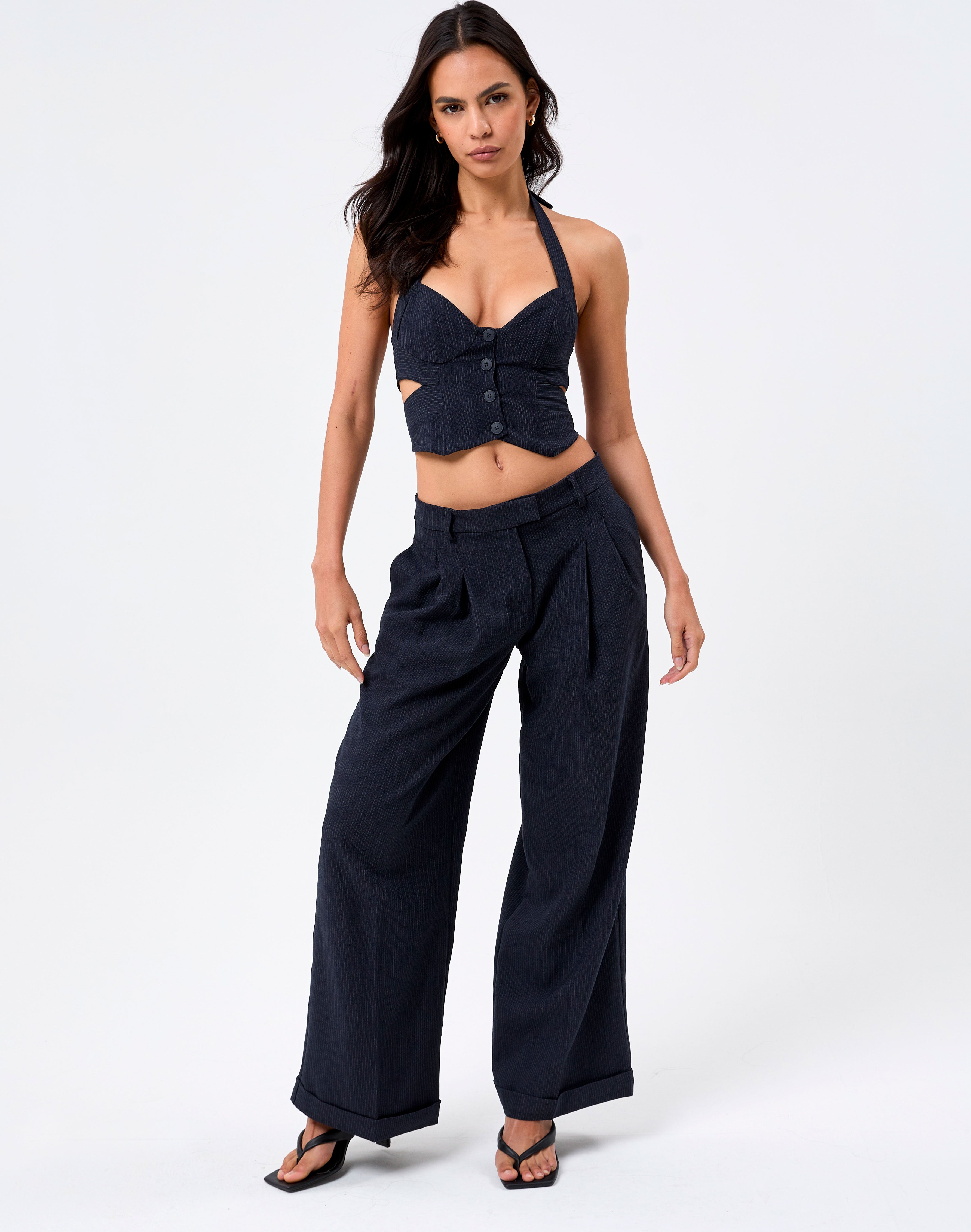 Pinstripe Mid Rise Wide Leg Pant in 