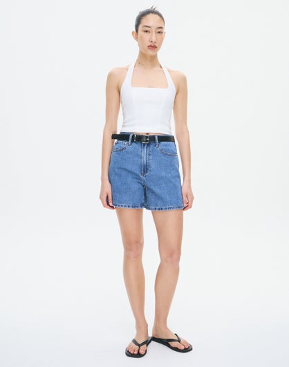 High Rise A Line Denim Short in Mid Blue Crush | Glassons AU