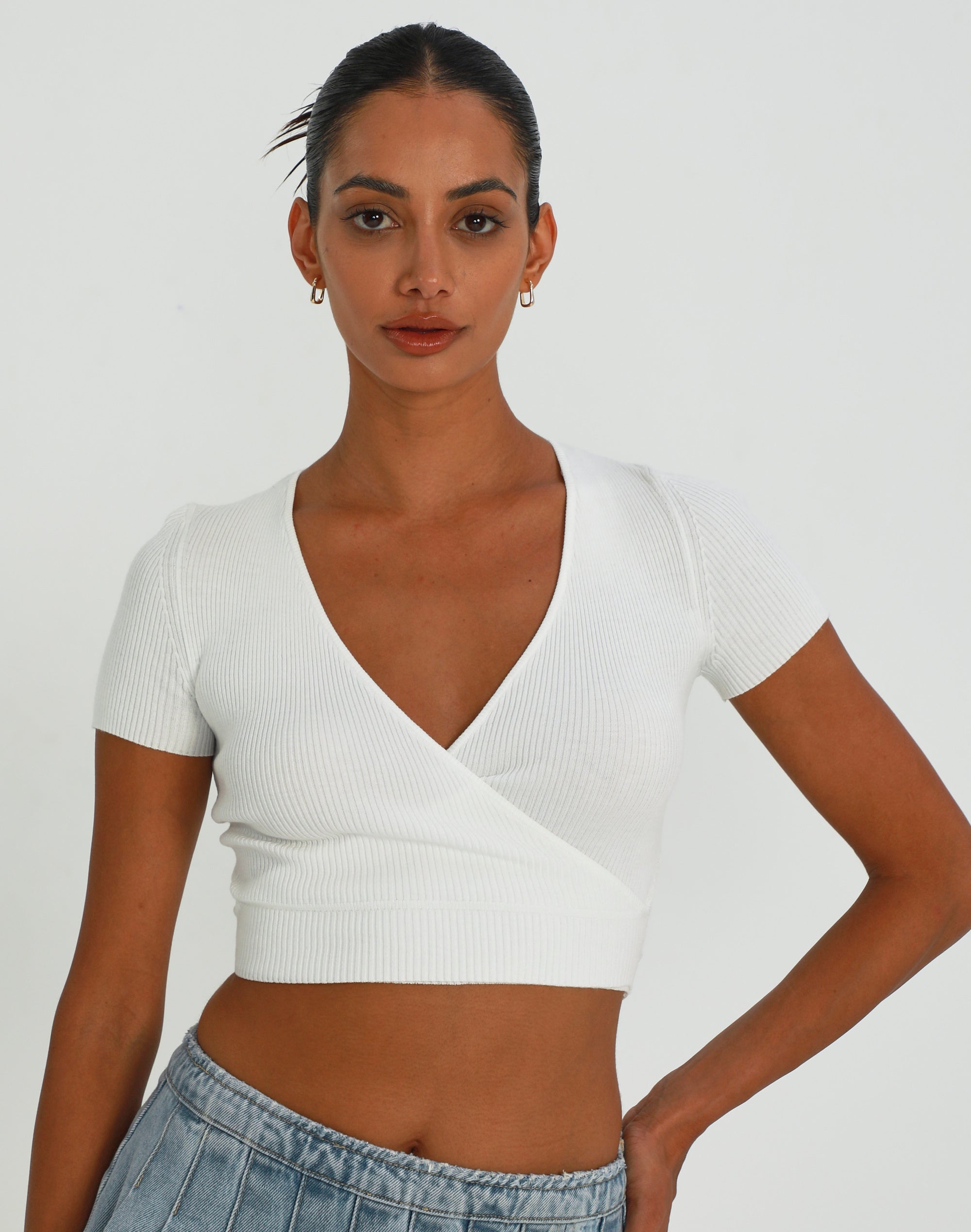 Wrap Tie Short Sleeve Top in White | Glassons