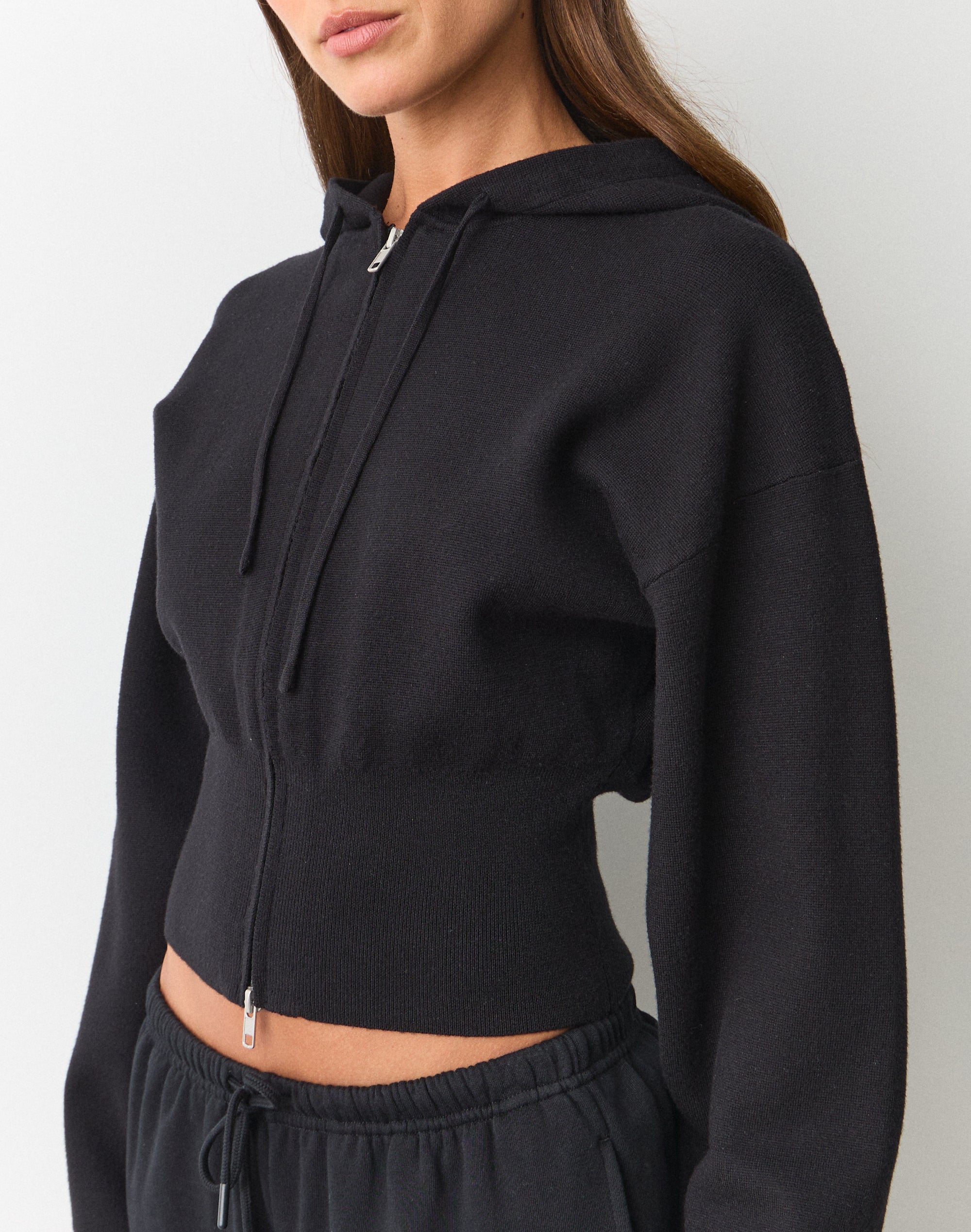 Zip Up Crop Knit Hoodie in Black | Glassons