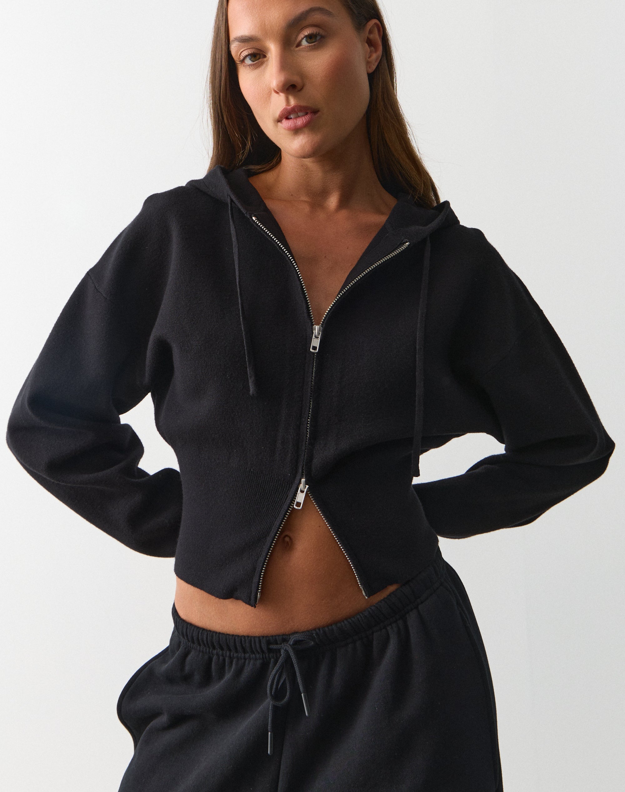 Zip Up Crop Knit Hoodie in Black | Glassons US