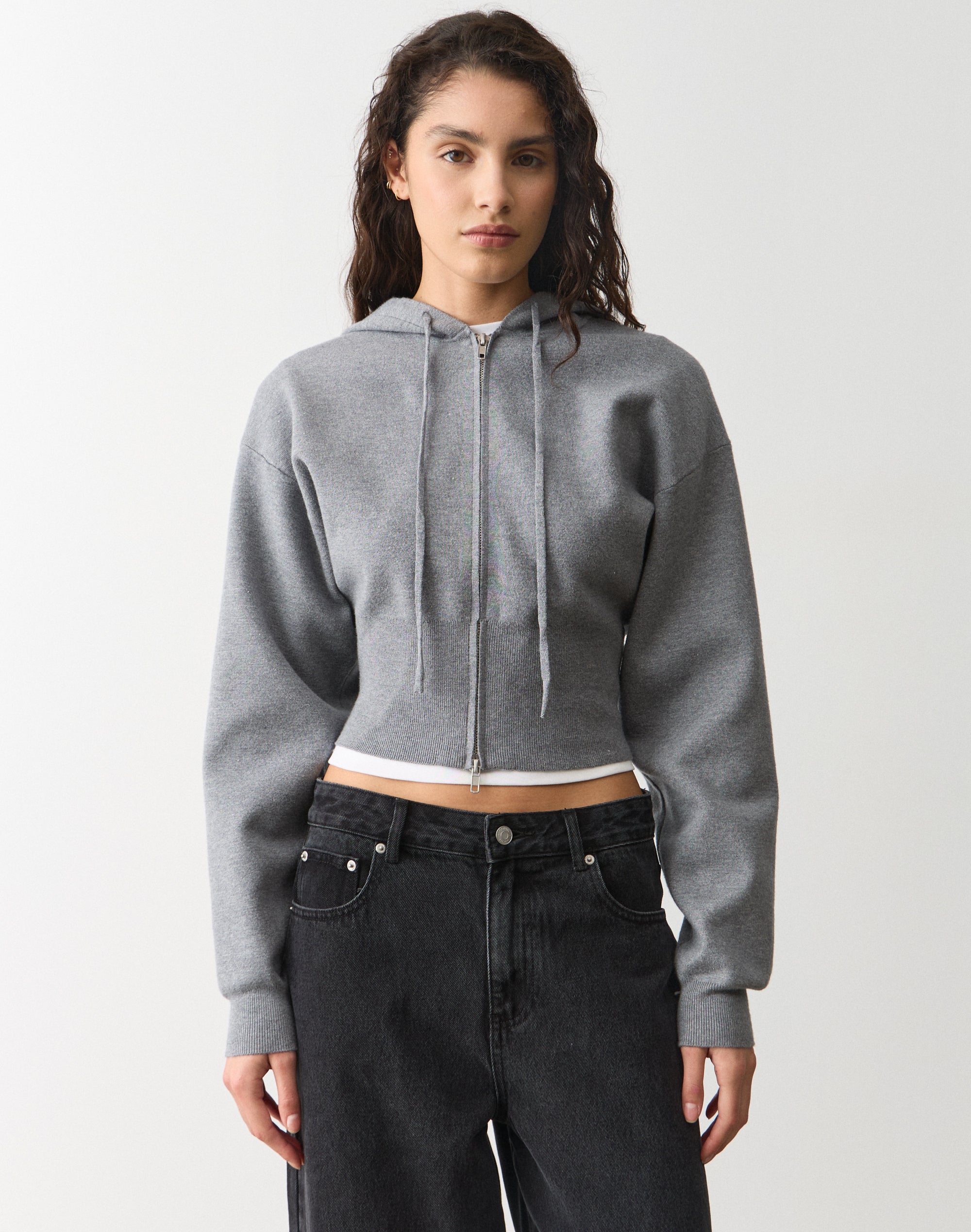 Zip Up Crop Knit Hoodie in Dark Grey Marle | Glassons US