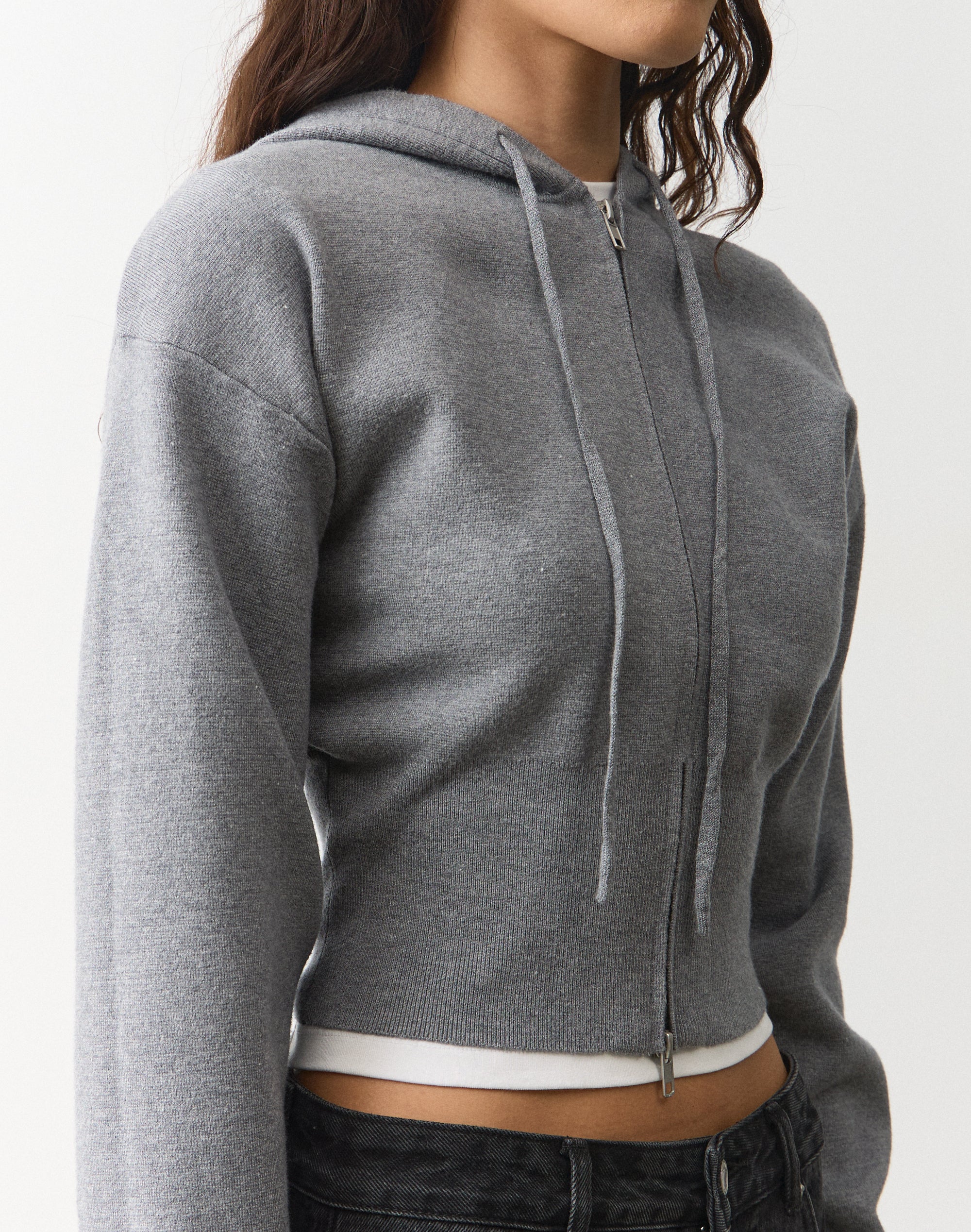 Zip Up Crop Knit Hoodie in Dark Grey Marle | Glassons AU
