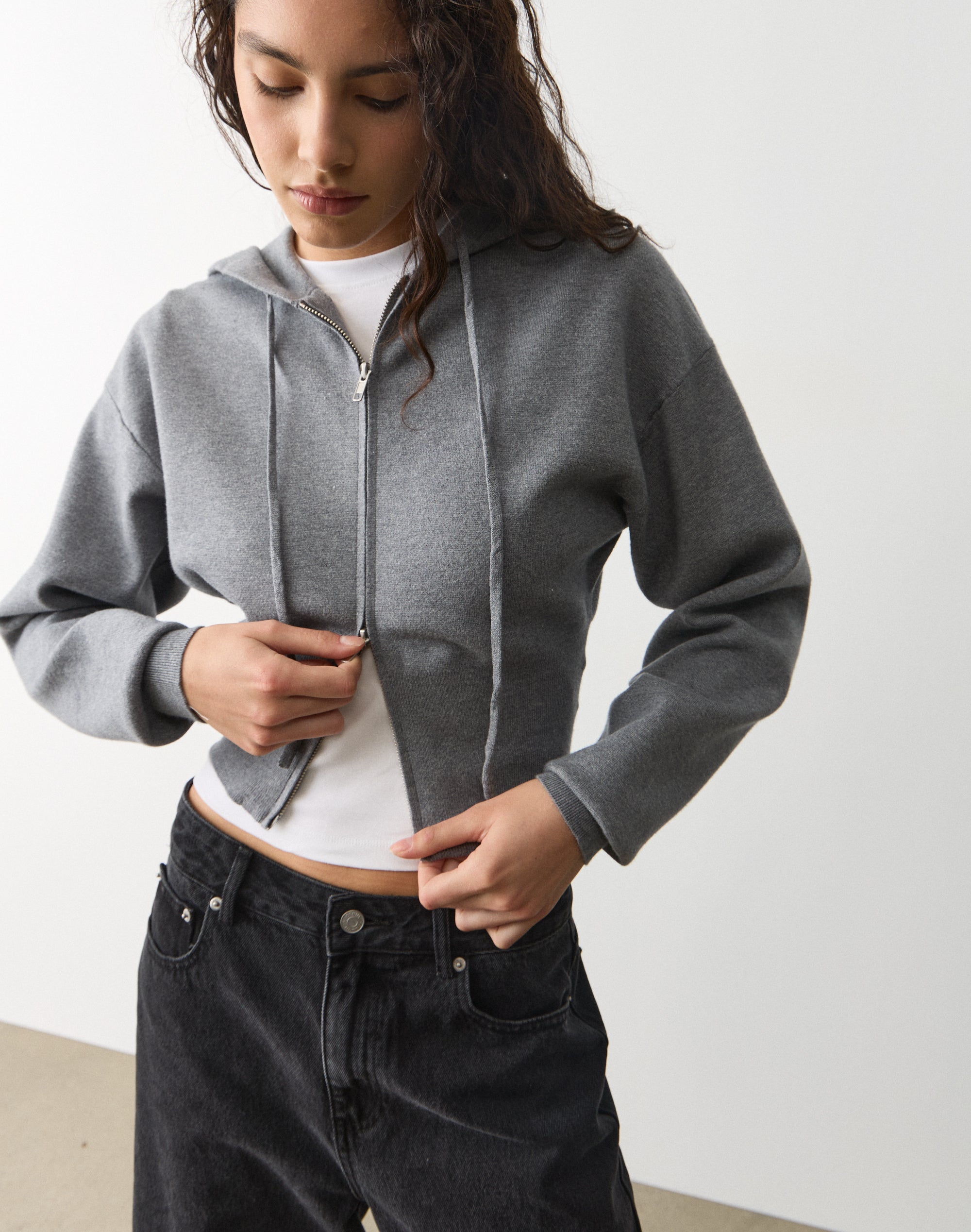 Zip Up Crop Knit Hoodie in Dark Grey Marle | Glassons US