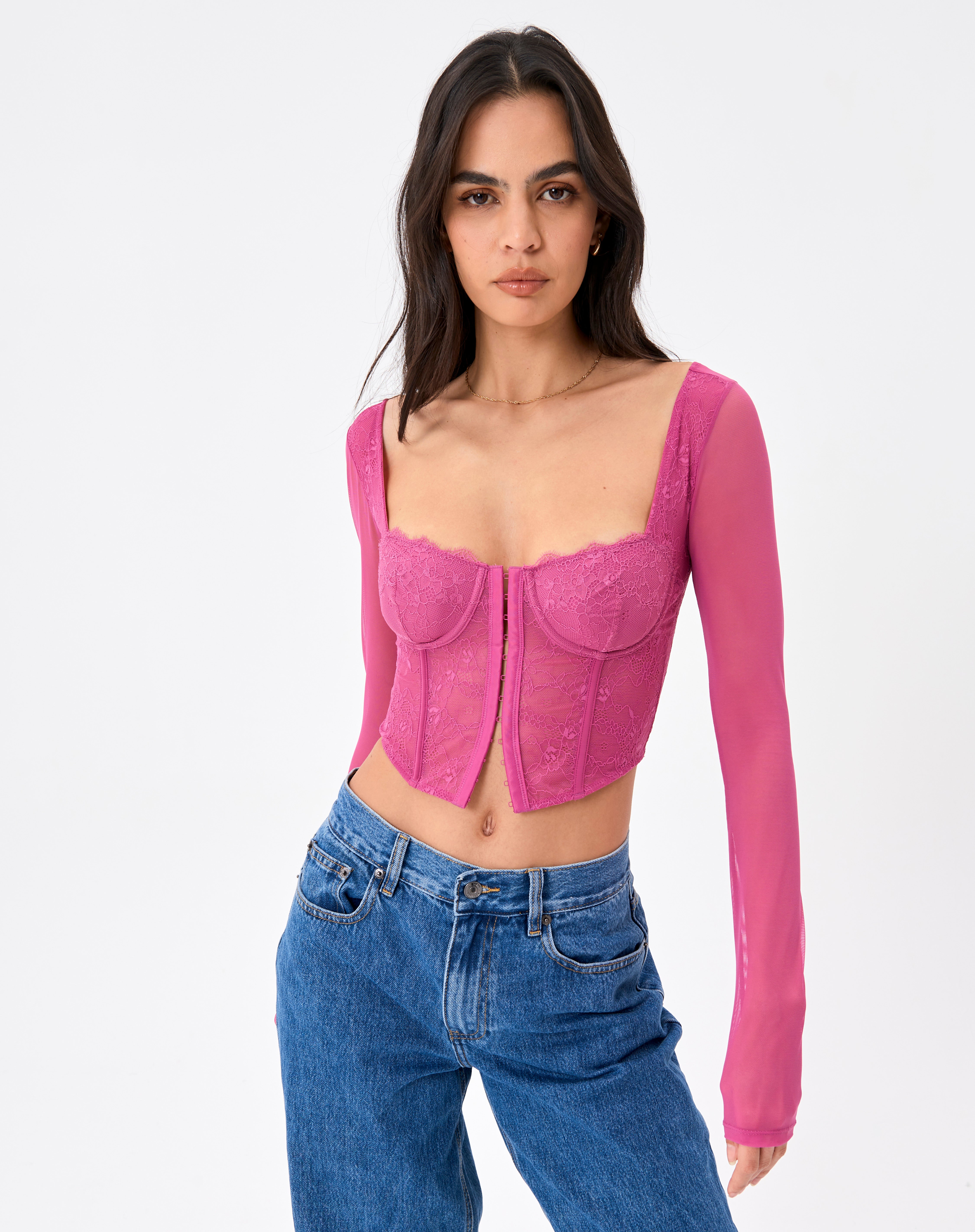 Lace Hook \u0026 Eye Mesh Long Sleeve Top in 